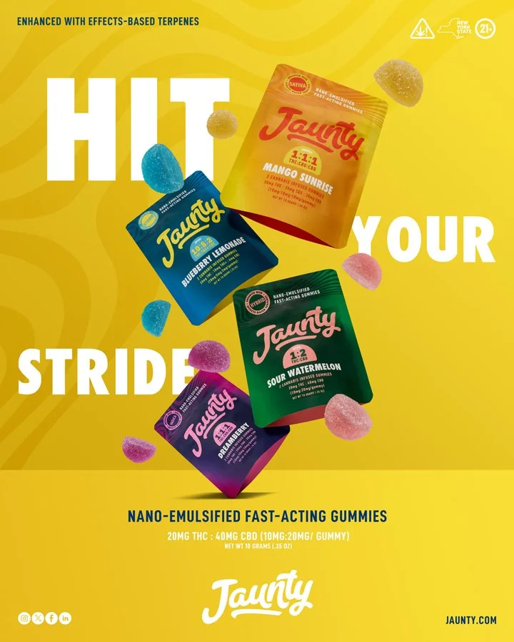 Promotion for Taunty nano-emulsified fast-acting gummies, featuring three flavor packs: Mango Sunrise, Blueberry Lemonade, and Sour Watermelon. The gummies are displayed around the packaging, with a yellow background and bold white and blue text high