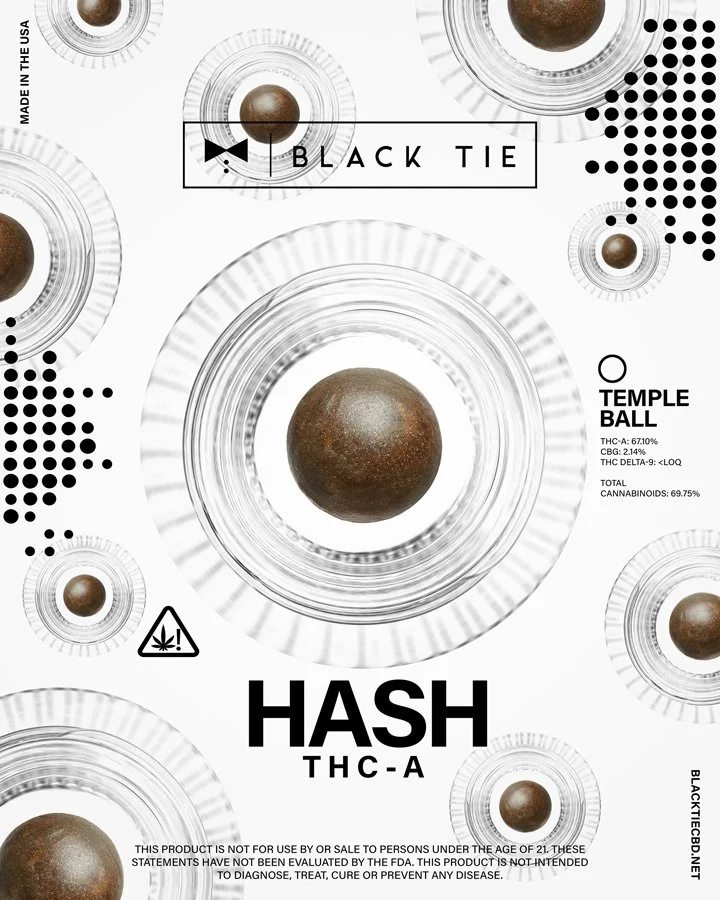 Packaging for Hash THC-A with logo and informational text, showing a central hash ball in a circular container.
