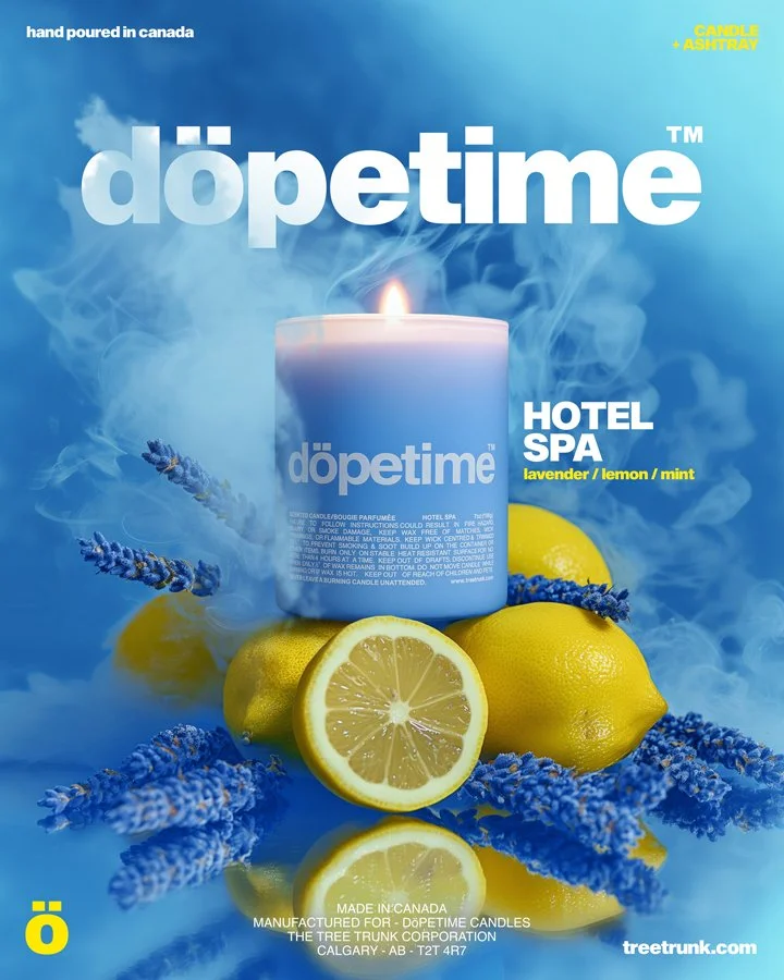 A blue candle labeled 'dōpetime' with a lemon and lavender flowers surrounding it, promoting relaxation with lavender, lemon, and mint scents, against a blue background with steam and smoke effects.