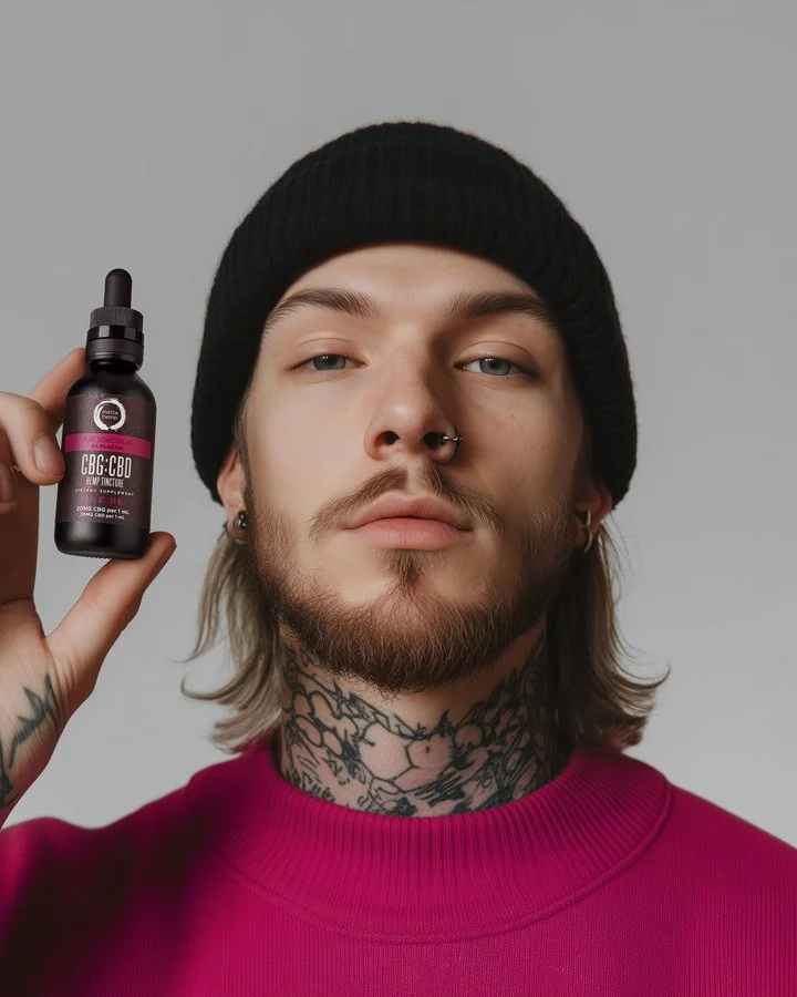 A young man with tattoos and piercings holding a bottle of CBD oil, wearing a black beanie and a pink shirt, looking at the camera with a neutral expression.