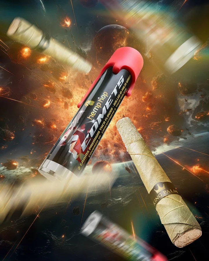A space-themed digital artwork featuring a large hemp vape cartridge labeled "HEMP HOP" alongside a cigar, with explosions and planets in the background, creating a surreal cosmic scene.
