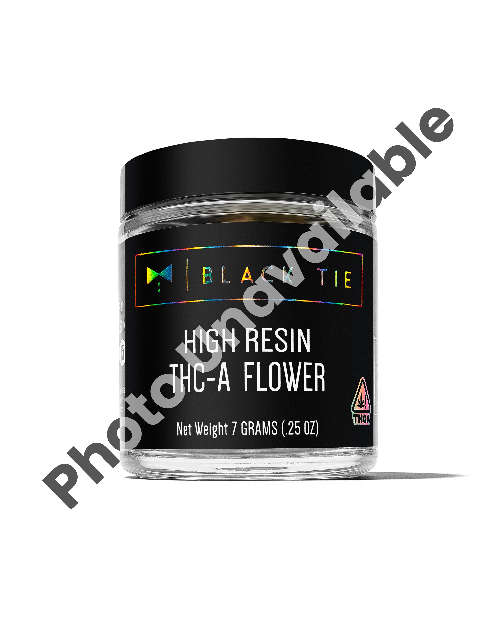 Black Tie - Photo Unavailable shot with new High Resin THCA Flower 7 gram jar, white background, see swipe 5.jpg