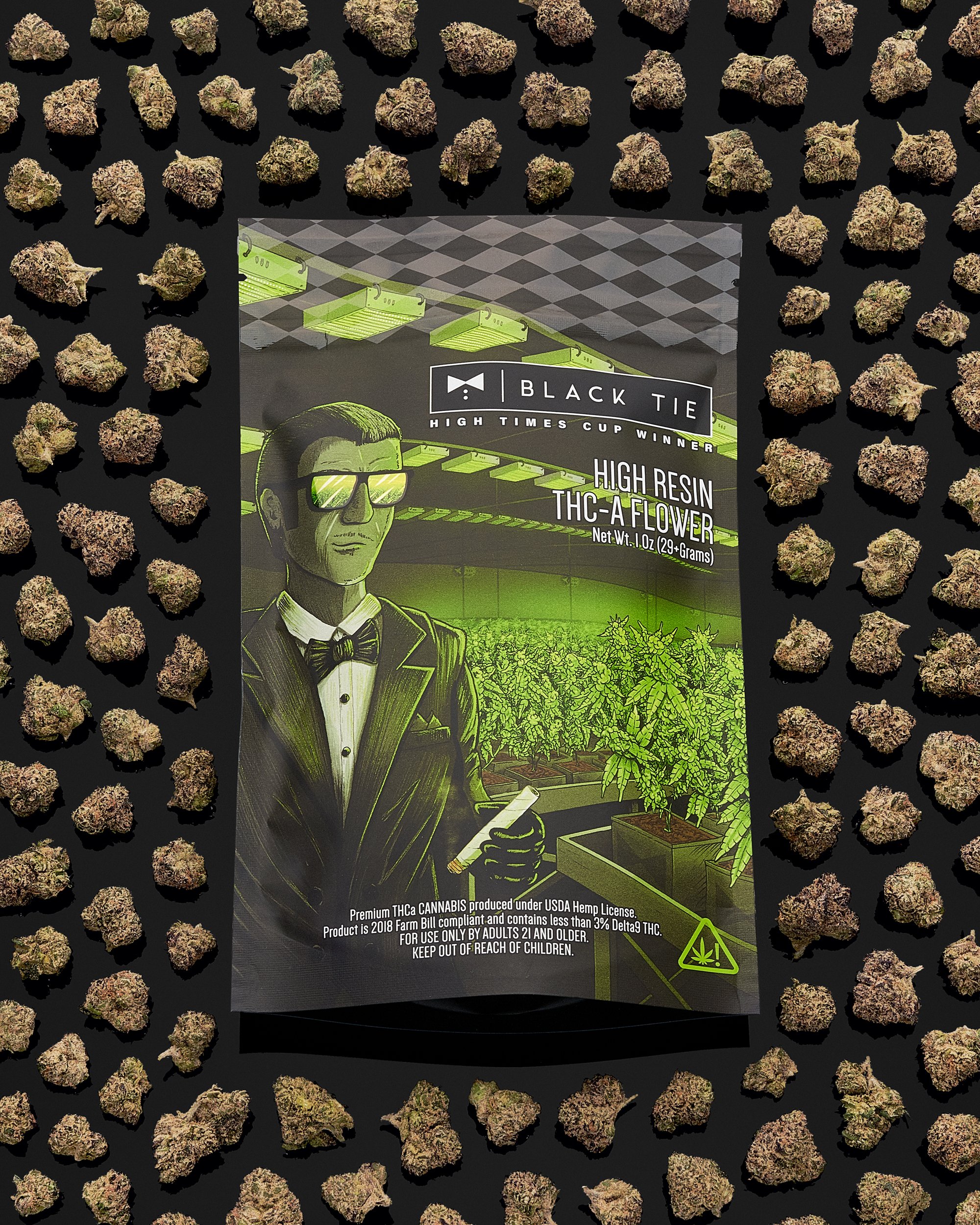 Black Tie - Archive Runtz flower, front of bag with flower surrounding bag, black background_.jpg