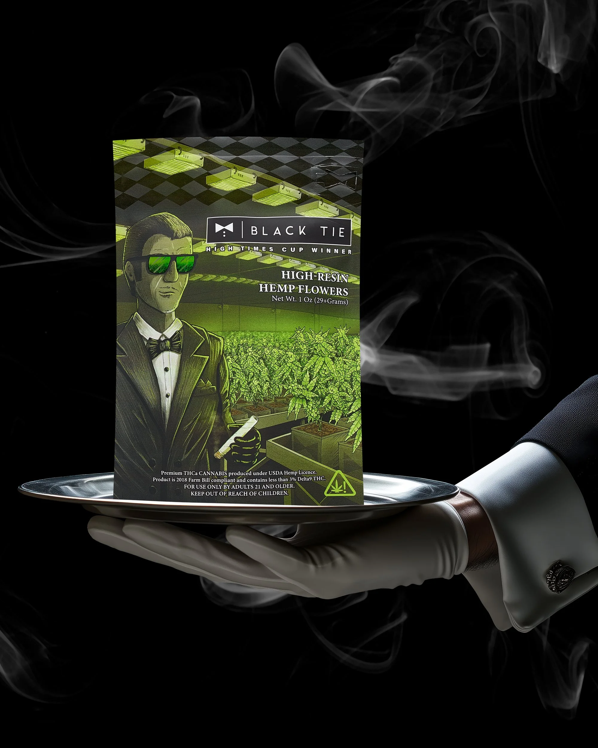 Black Tie - Pink Gummies (indoor), just show front of bag, with a serving tray or butler's glove hand theme, creative shot version 1_.jpg