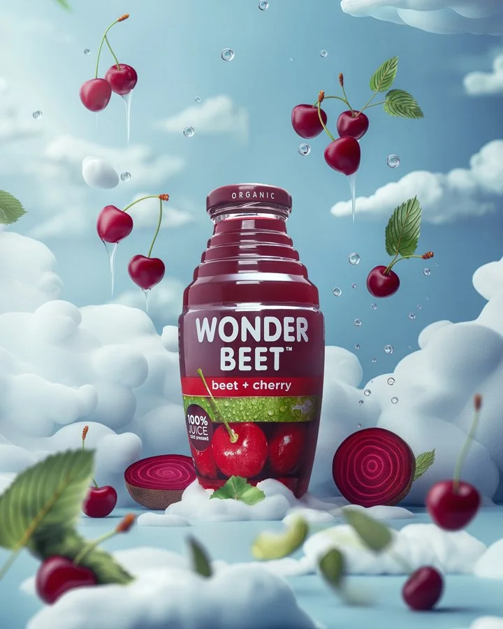 A bottle of Wonder Beet beet and cherry juice surrounded by floating cherries, leaves, and sliced beets in a sky-themed background with clouds and blue sky.