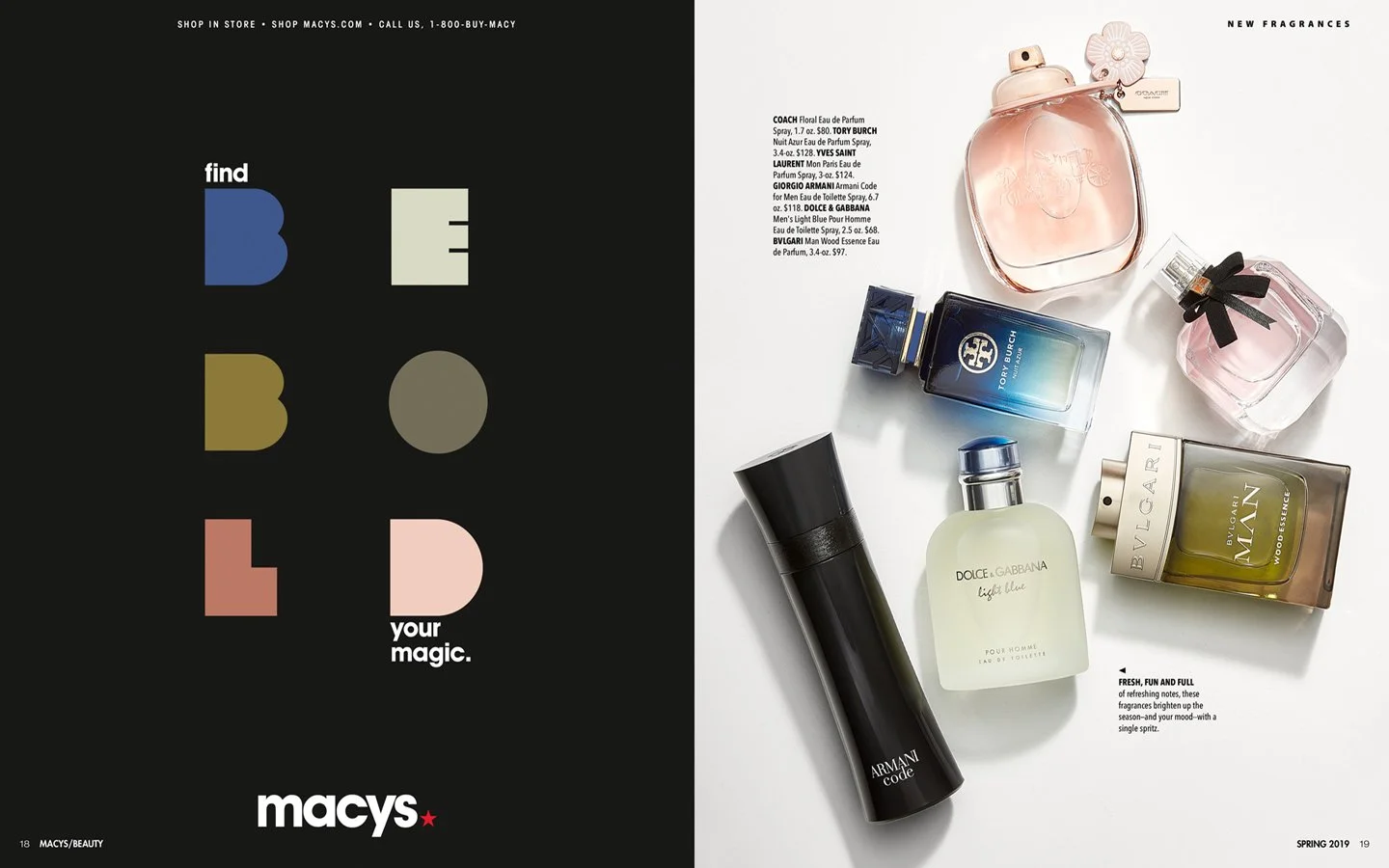 Page split into two sections; the left side reads 'BE BOLD your magic. macy's' with colorful, bold letters on black background; the right side displays various perfume bottles with descriptions and prices, including brands like Coach, Dolce & Gabbana