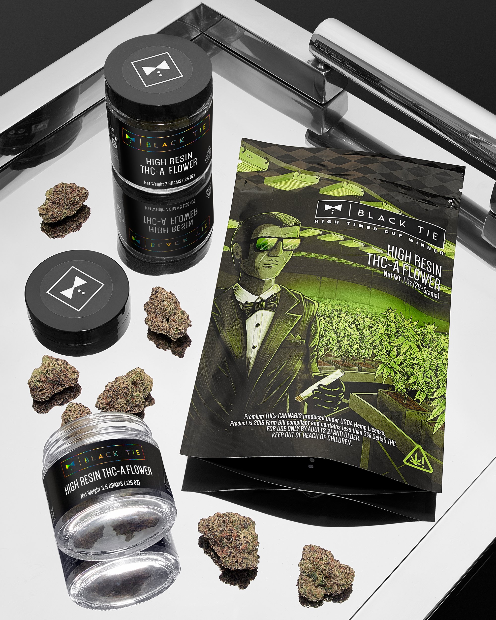 Black Tie - Archive Runtz flower, creative shot with butler tray, feature 8th 7 gram and mylar bag_.jpg
