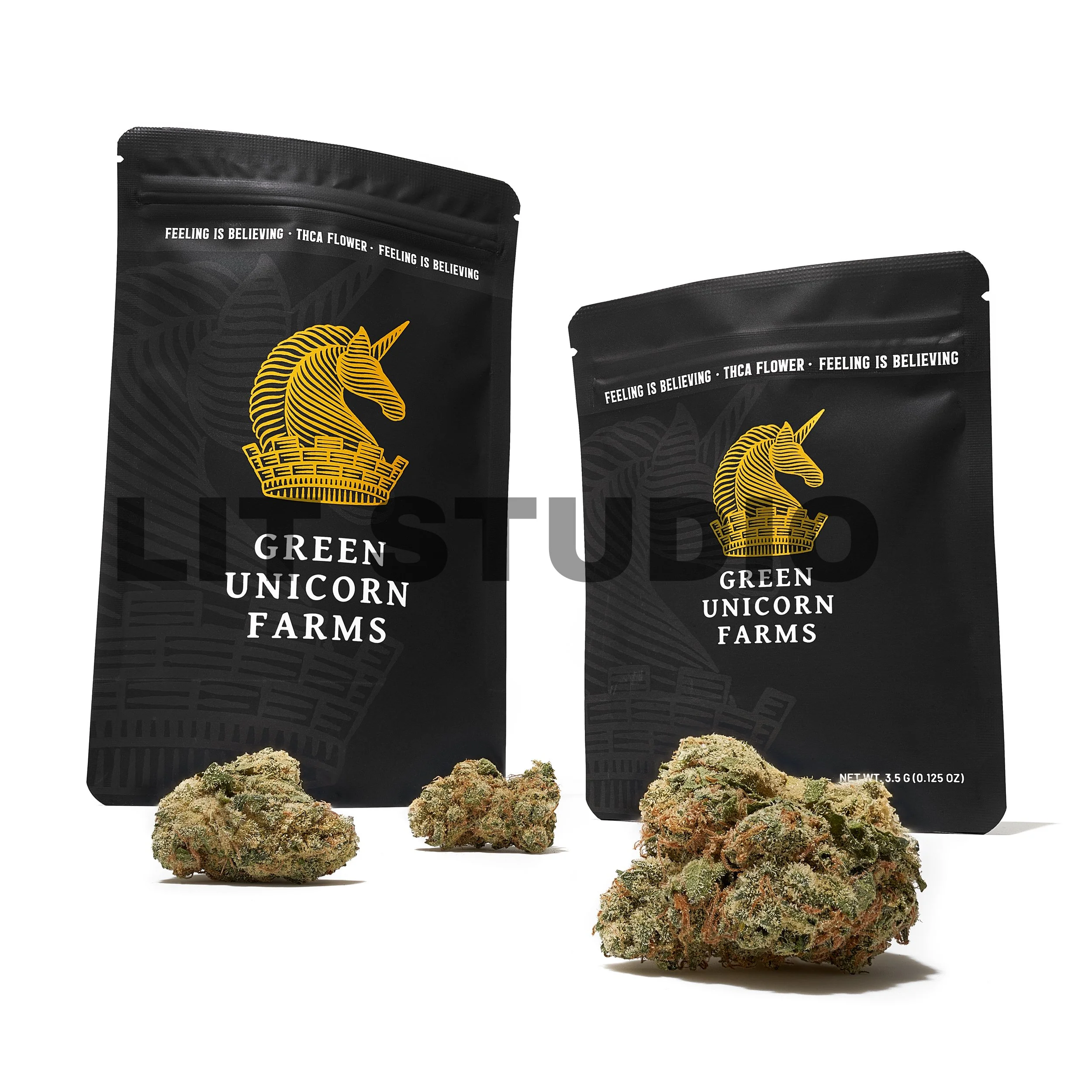 Green Unicorn Farms - 3.5g bag + 14g bag with Secret Cookies, Clearance Product, Front angle, clean product shot, centered on white background.jpg