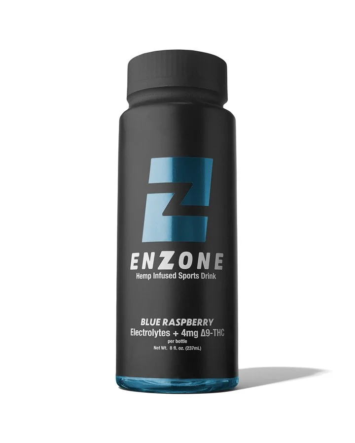 Black bottle of Enzone hemp-infused sports drink labeled as Blue Raspberry flavor with electrolytes and 4mg Δ9-THC.