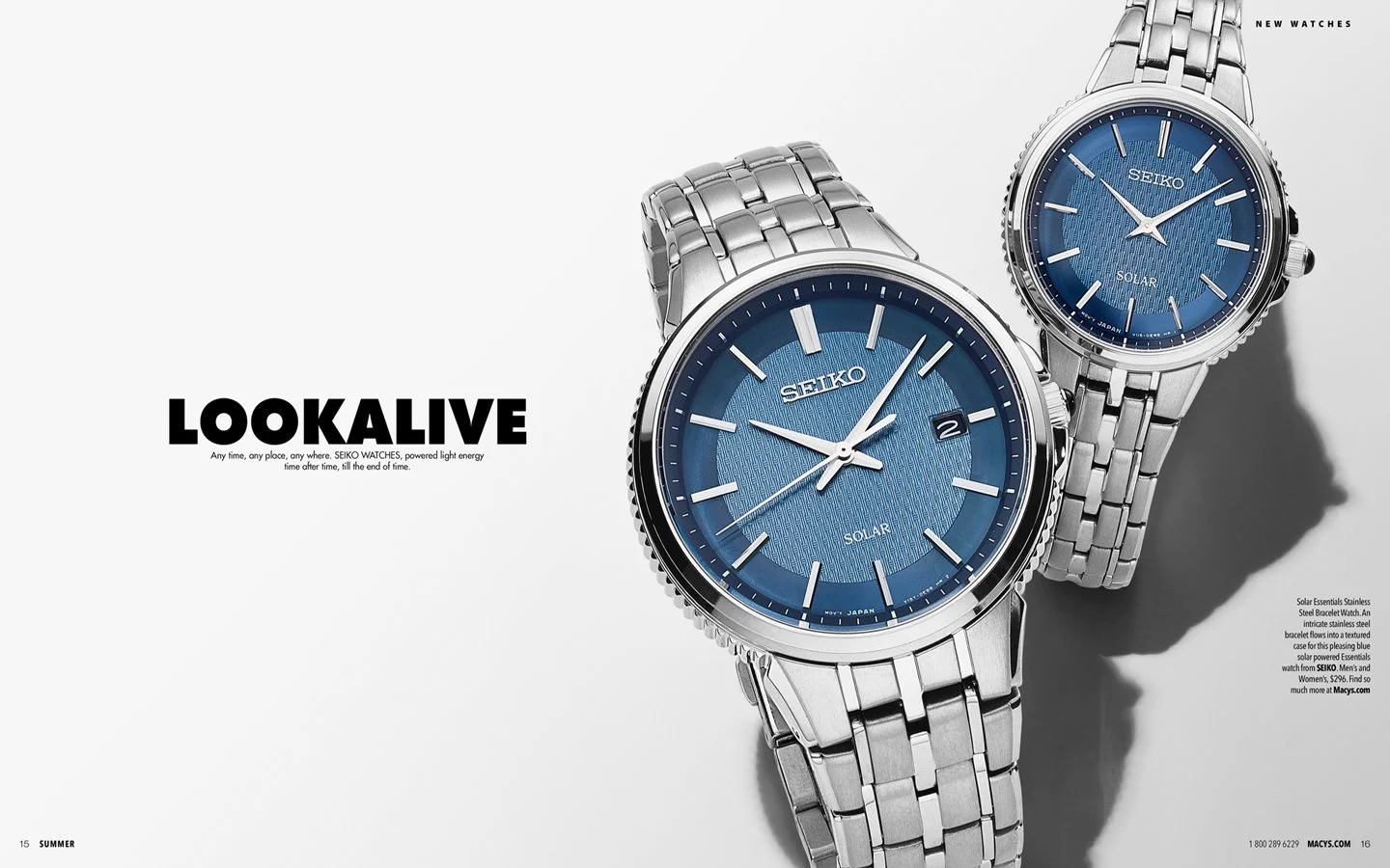 Two stainless steel Seiko watches with blue dials, one larger and one smaller, placed on a white background.