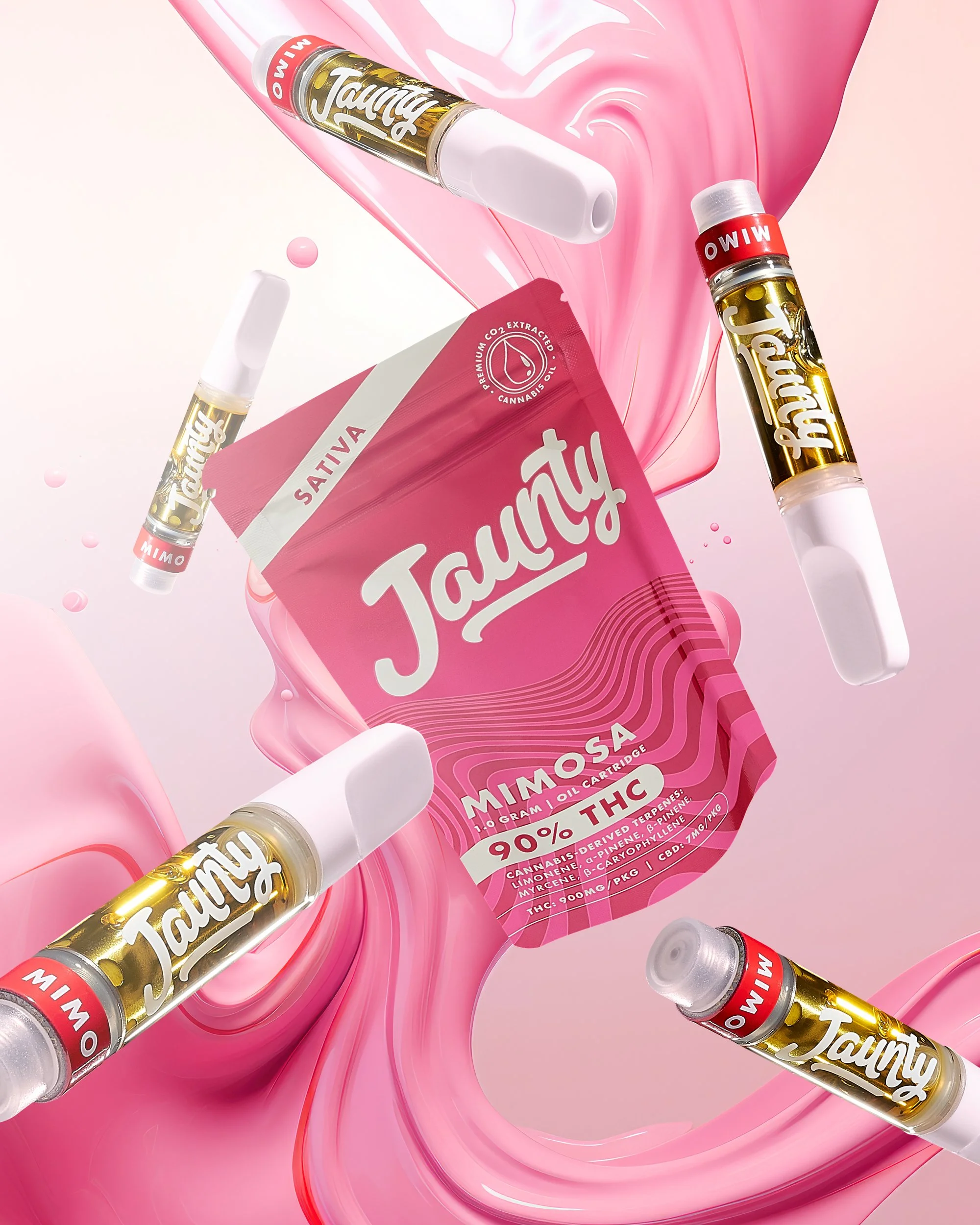 Jaunty – Mimosa, show packaging and cart, hero image, colorful background that suggests the strain_.jpg