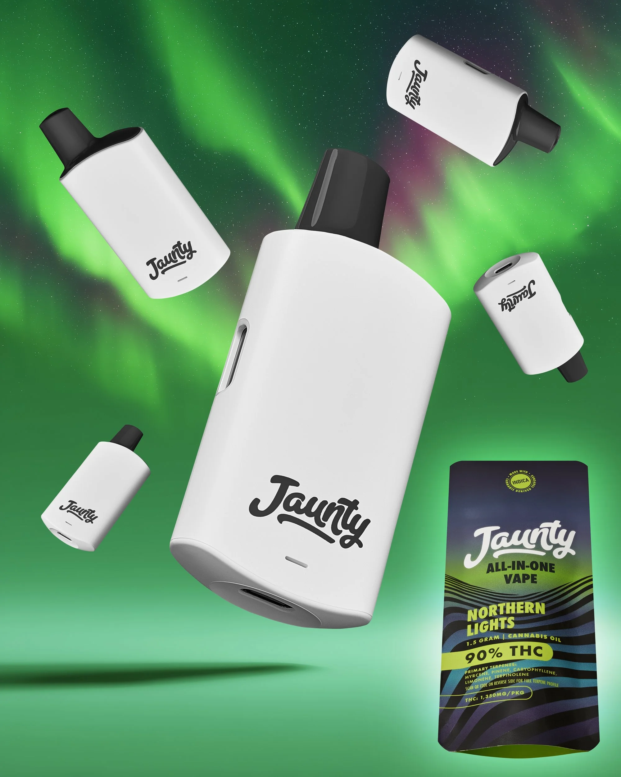 Jaunty - Northern Lights, all-in-one vape, Vape and packaging with a stylized Northern Lights backdrop, Device-Focused Composition_.jpg