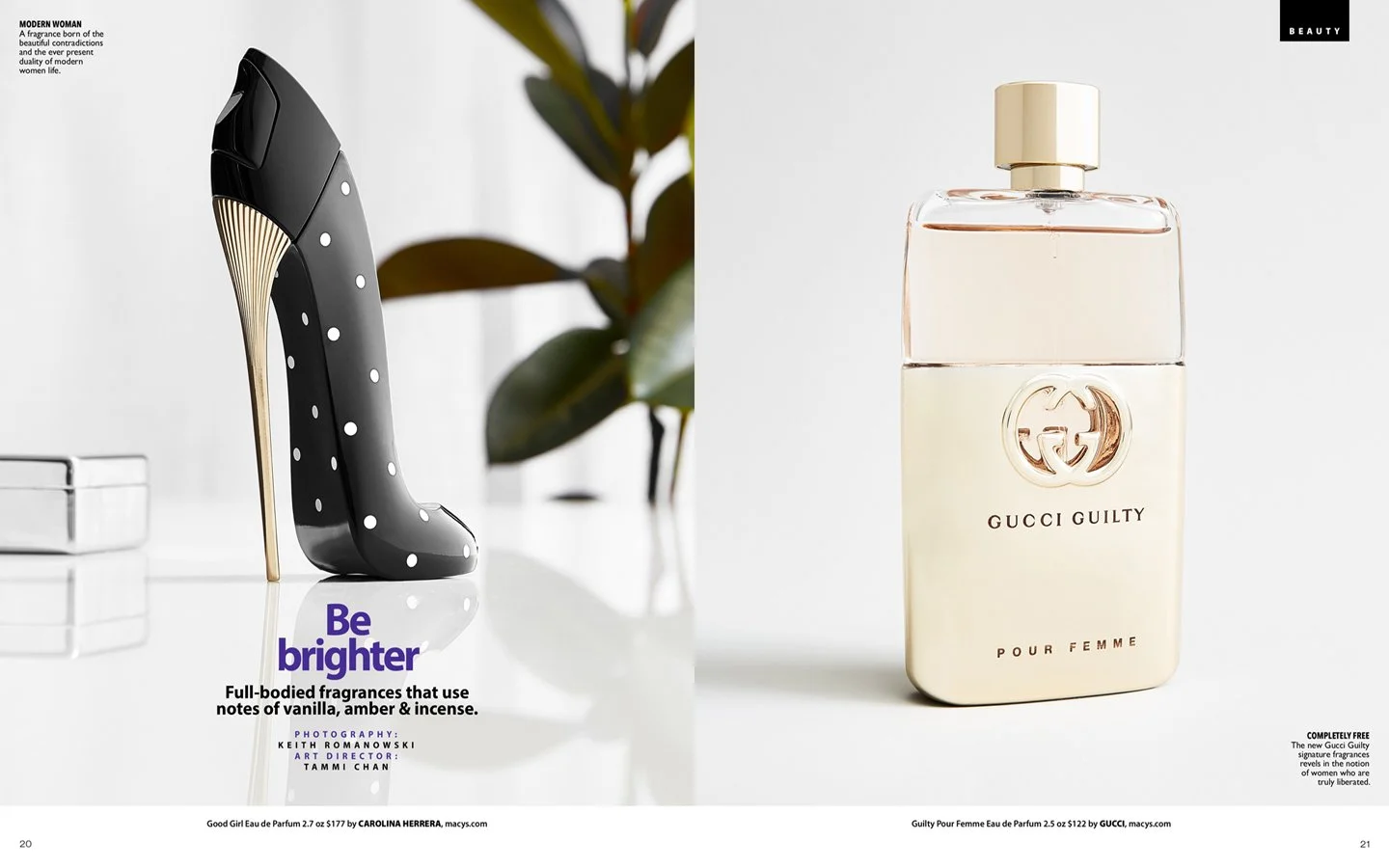 A black high-heeled shoe with a gold heel and white polka dots, next to a green plant, on a white surface. On the right, a bottle of Gucci Guilty Pour Femme perfume with a clear rectangular shape and gold cap, set against a white background.
