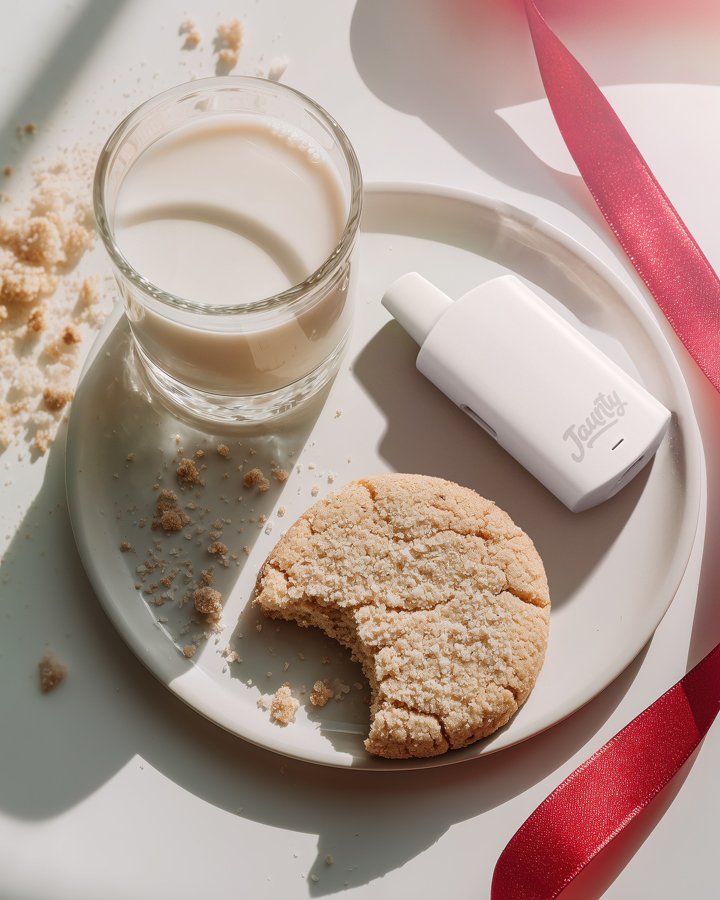 A white plate with a partially eaten cookie, a glass of milk, a white pod of a dispensary, and a pink ribbon all on a white surface with sunlight Streaming in, casting shadows.