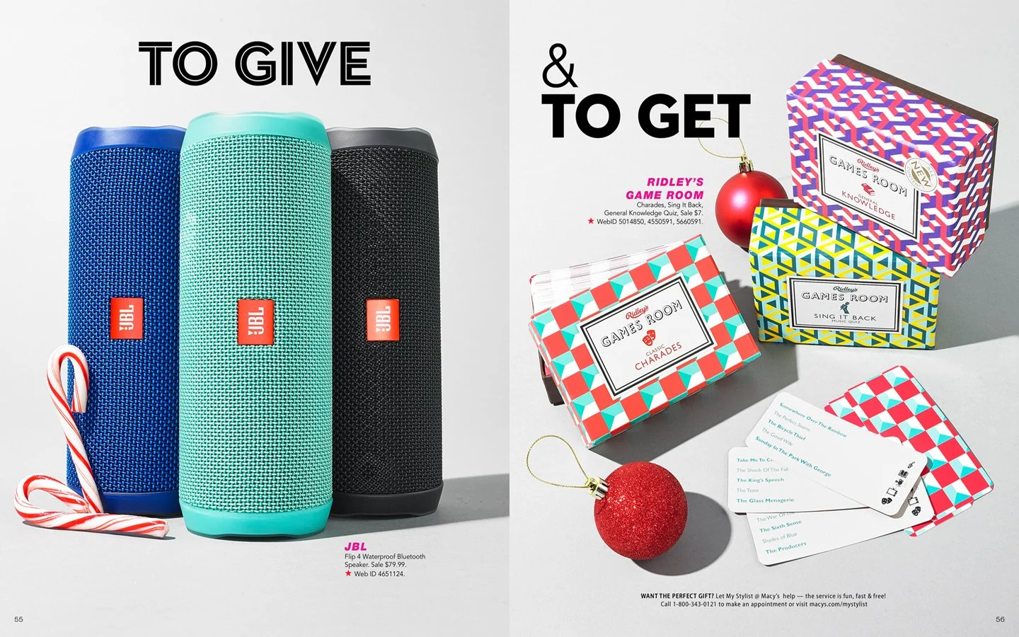 Left side shows three JBL waterproof Bluetooth speakers in blue, turquoise, and black with a candy cane. Right side displays holiday-themed game room gift boxes, cards, and ornaments.
