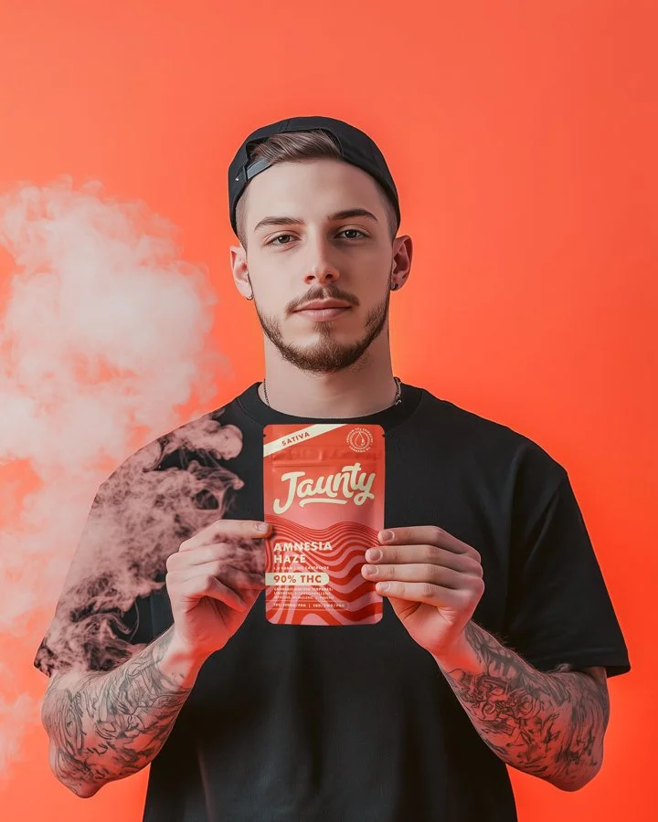 A young man with tattoos on both arms, wearing a black cap and black t-shirt, holding a red and white cannabis product package labeled 'Jaunty' and 'Amnesia Haze, 90% THC', standing against a orange background with smoke.