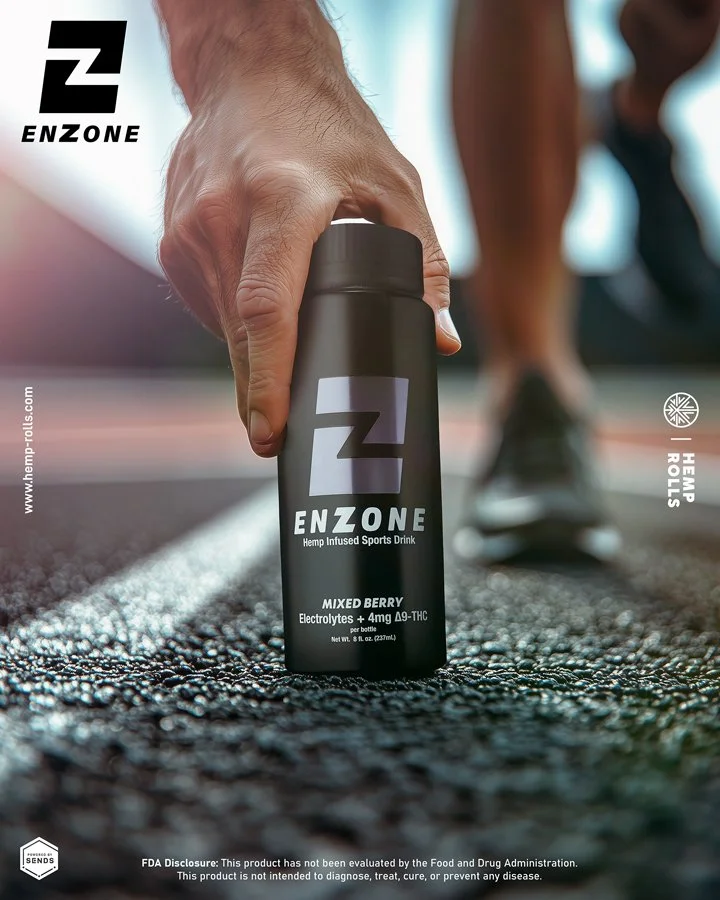 A person in athletic clothing is placed on a running track, holding a black can of ENZONE hemp-infused sports drink on the ground. The can is labeled with the product name, flavor "Mixed Berry," and mentions electrolytes and 4mg Δ9-THC. The backgroun