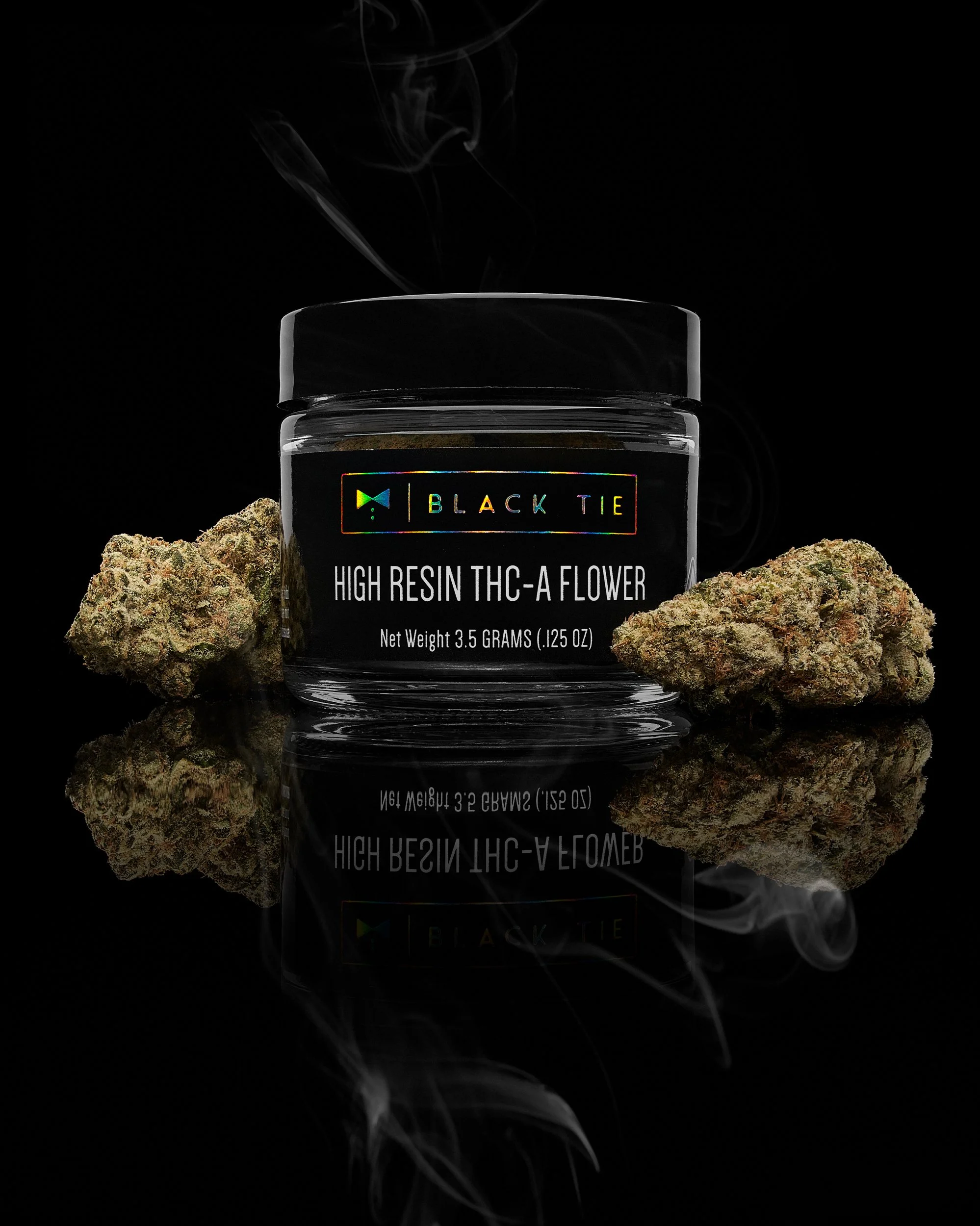 Black Tie - Blue Meteorite, flower and jar, with subtle smoke, on a black glossy background.jpg