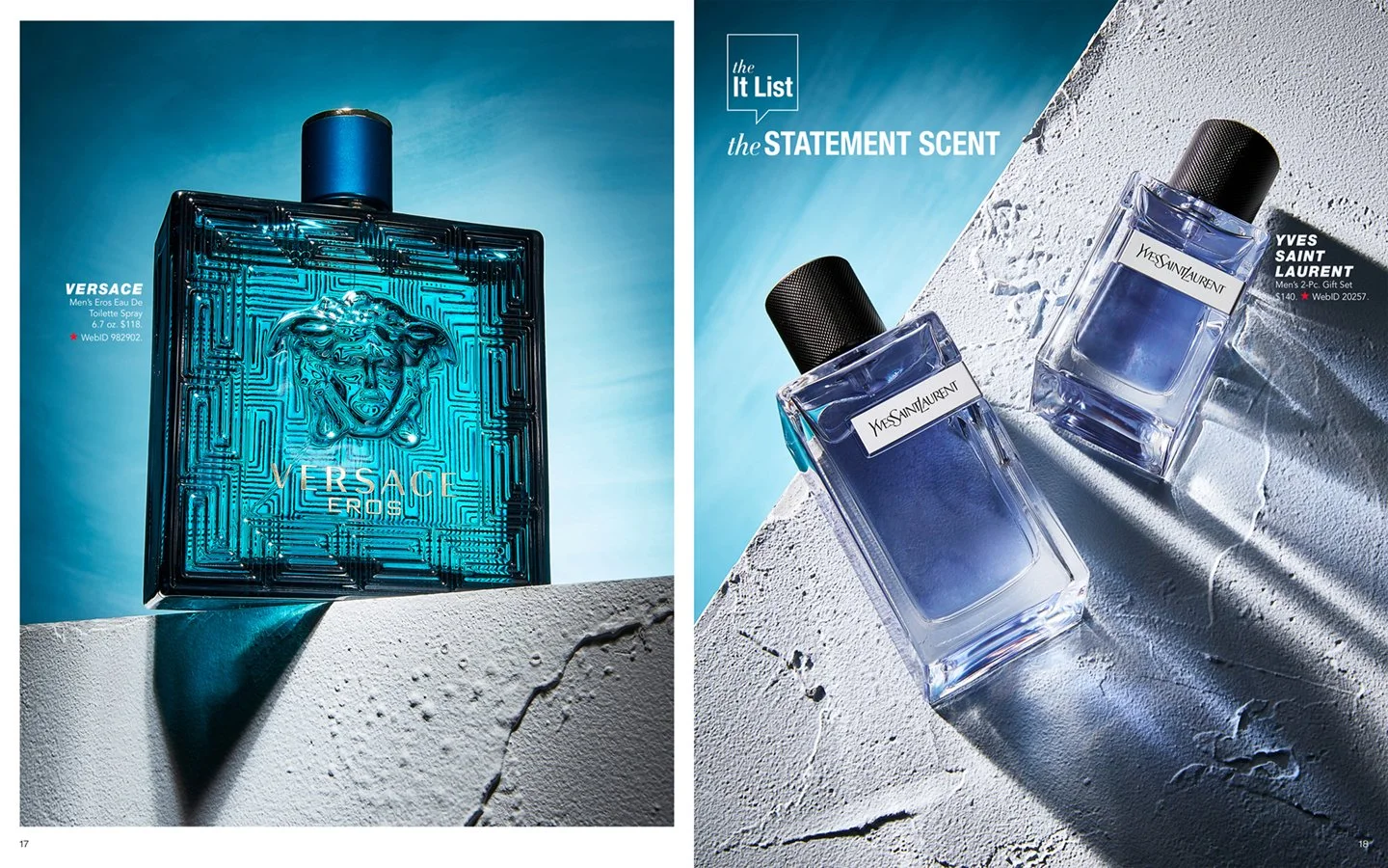 Two perfume bottles on textured white surfaces. The left features a blue Versace Eros Eau de Toilette bottle with a Medusa head logo and a circuit pattern, while the right displays two Yves Saint Laurent Yvresse Saint Laurent fragrances with black ca