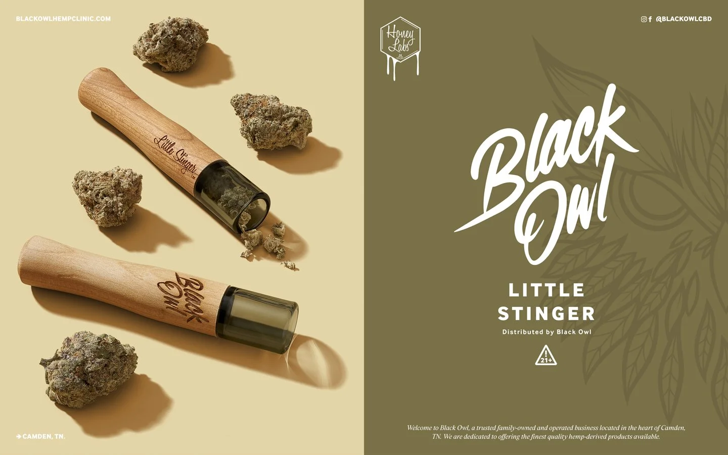 Packaging for Black Owl's Black Bowl with hemp buds and two wooden containers, one labeled 'Little Stinger', on a beige background.