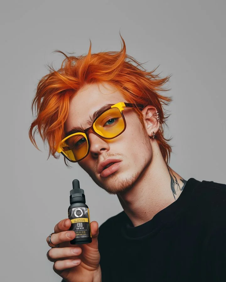 Young man with orange hair and yellow sunglasses holding a CBD oil bottle.