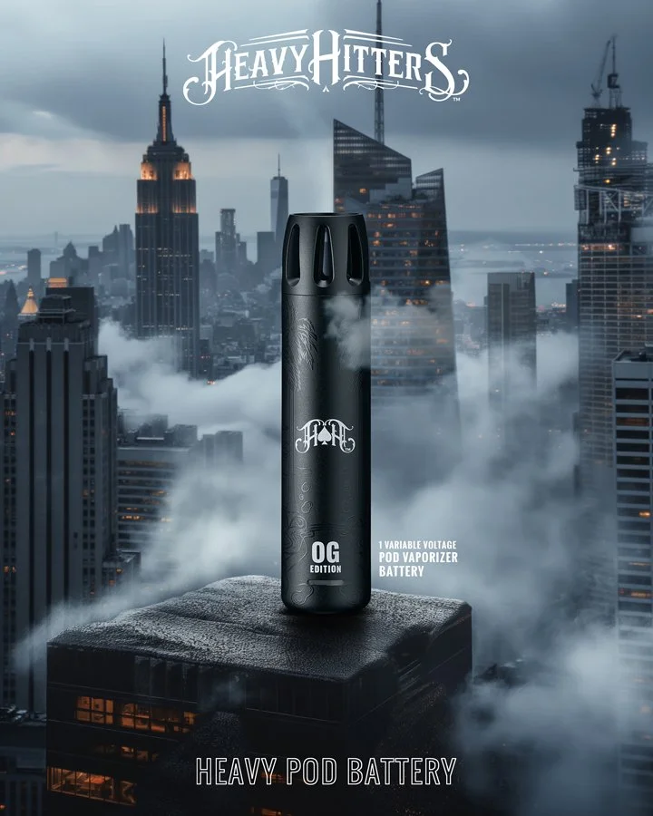 A vaporizer called Heavy Hitters OG Edition Heavy Pod Battery is positioned on top of a building ledge in front of a foggy cityscape with tall skyscrapers.