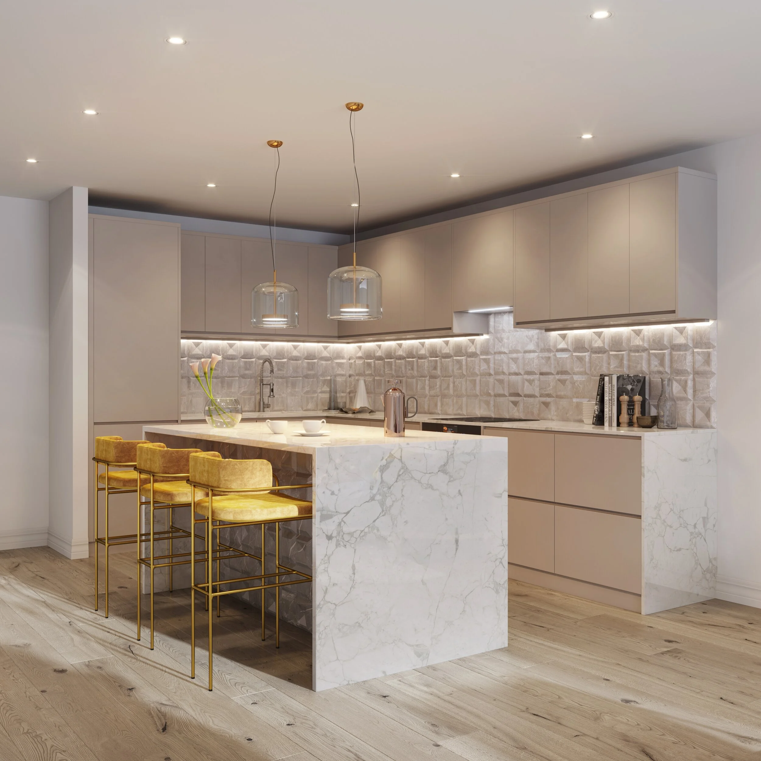 Contemporary show home kitchen with marble island, integrated cabinetry and statement lighting, designed for residential development saleability. London to Somerset