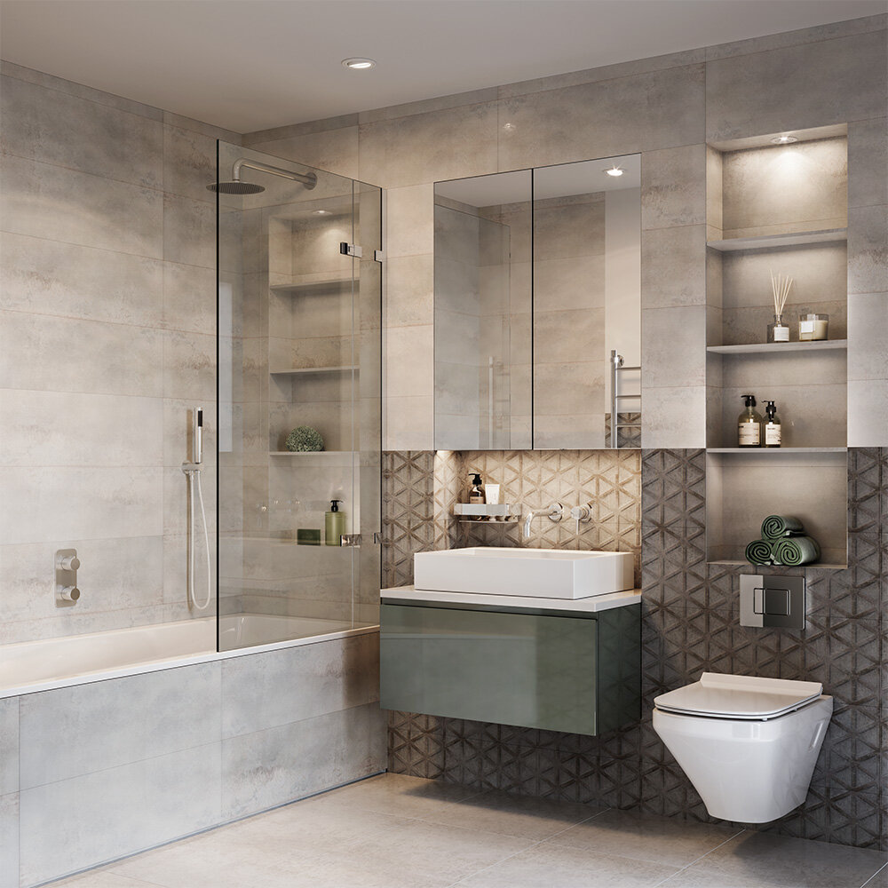 “Show home bathroom specification with feature shelving, integrated lighting and contemporary tile finishes