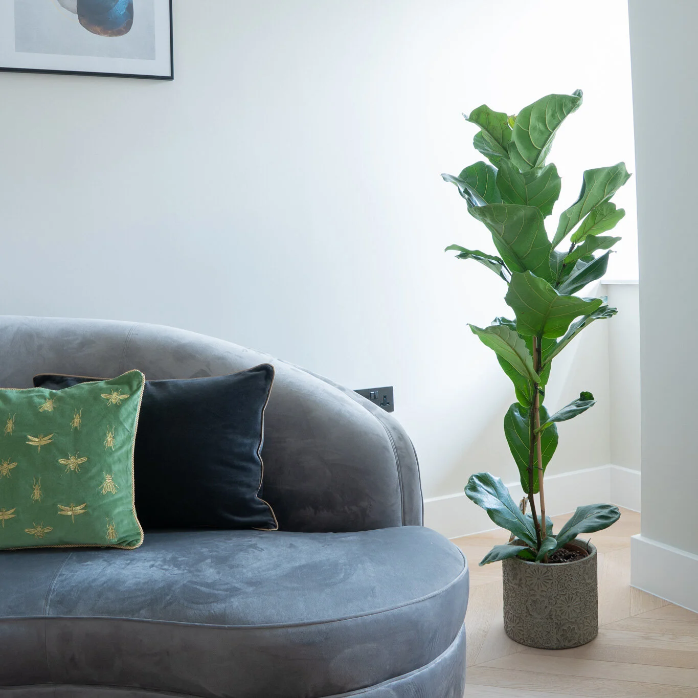 Show home living room design and dressing with contemporary furniture and styling for residential development.