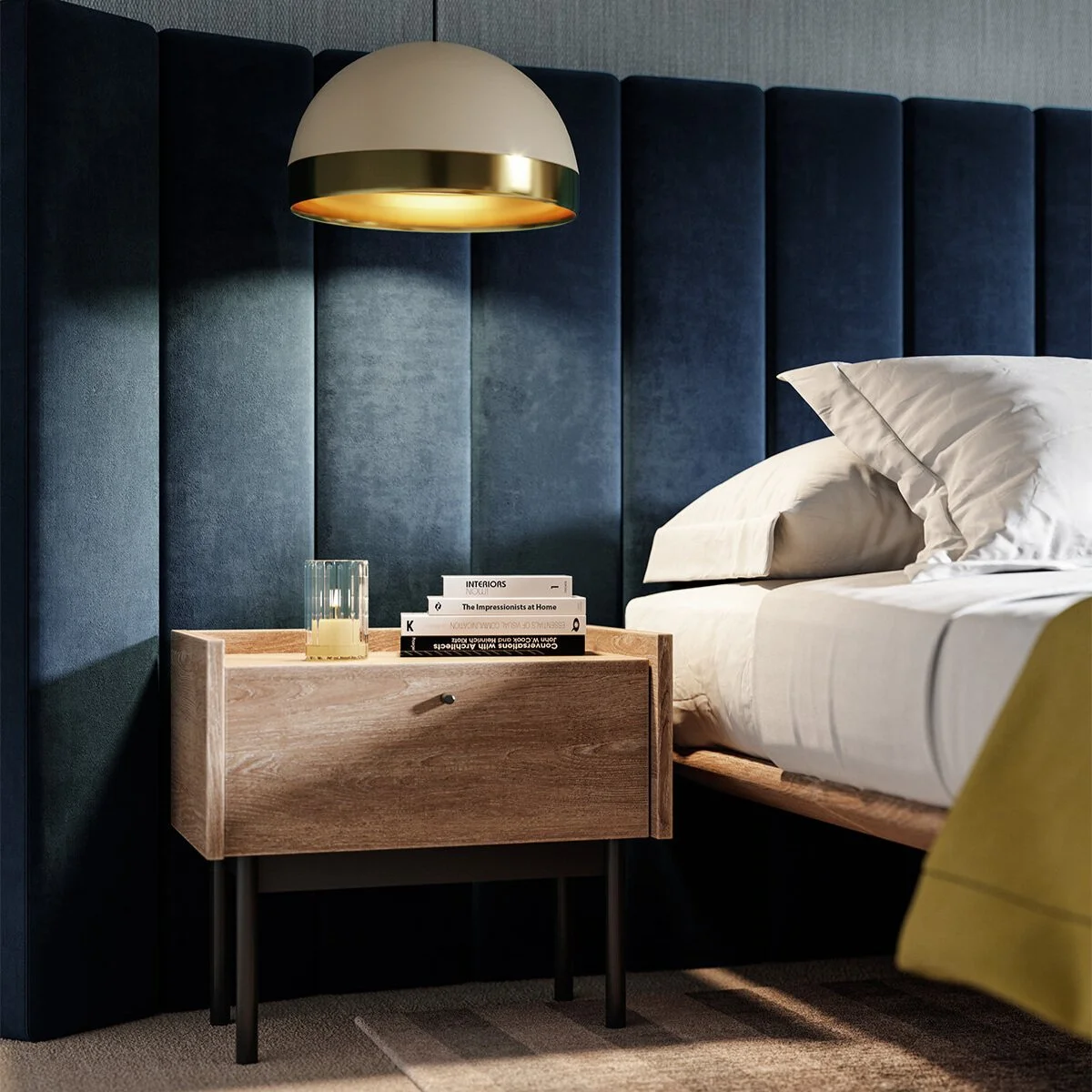 Show home bedroom design concept with upholstered feature wall, layered lighting and considered finishes for residential development.