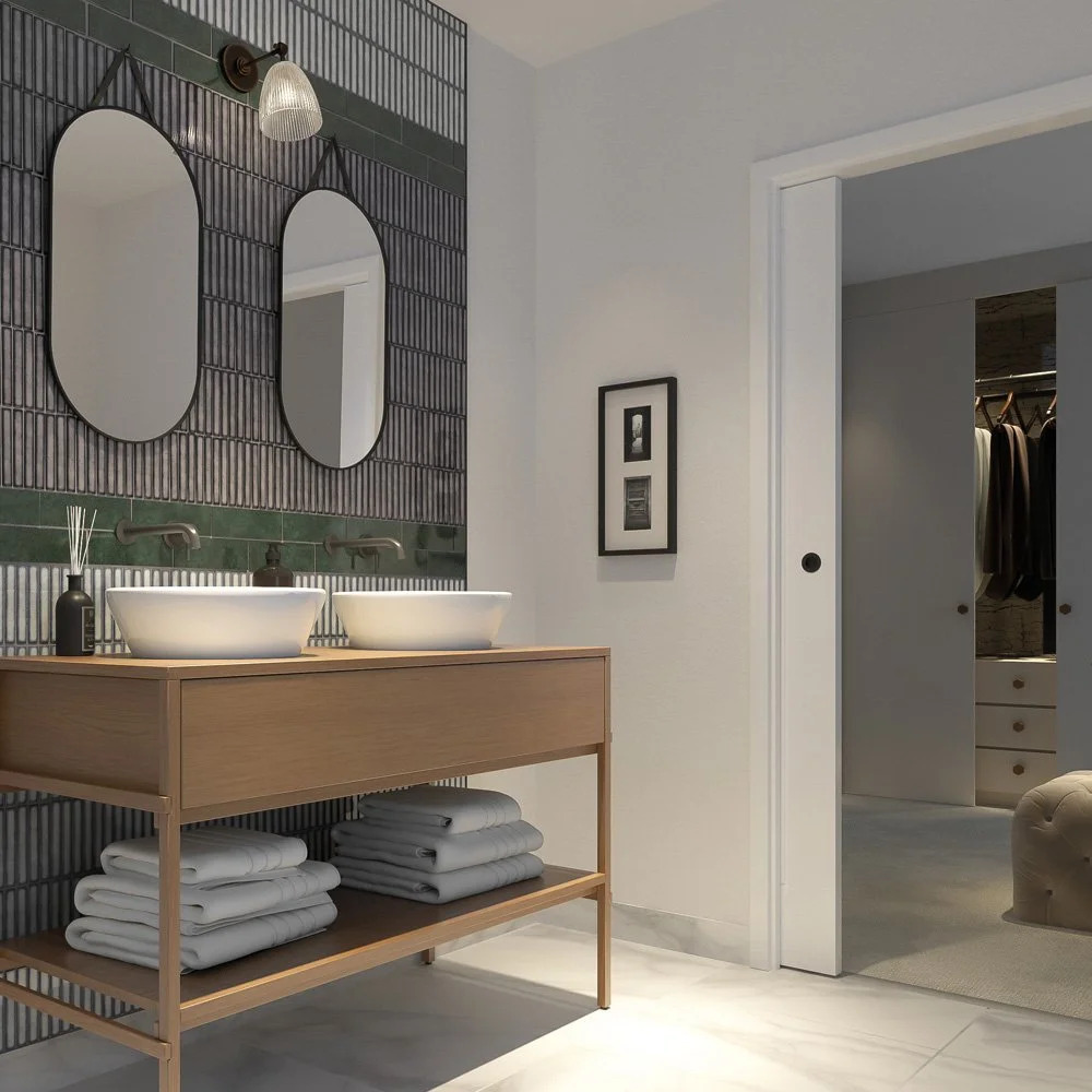 Bathroom layout and concept planning for residential development featuring double vanity and feature tile wall.