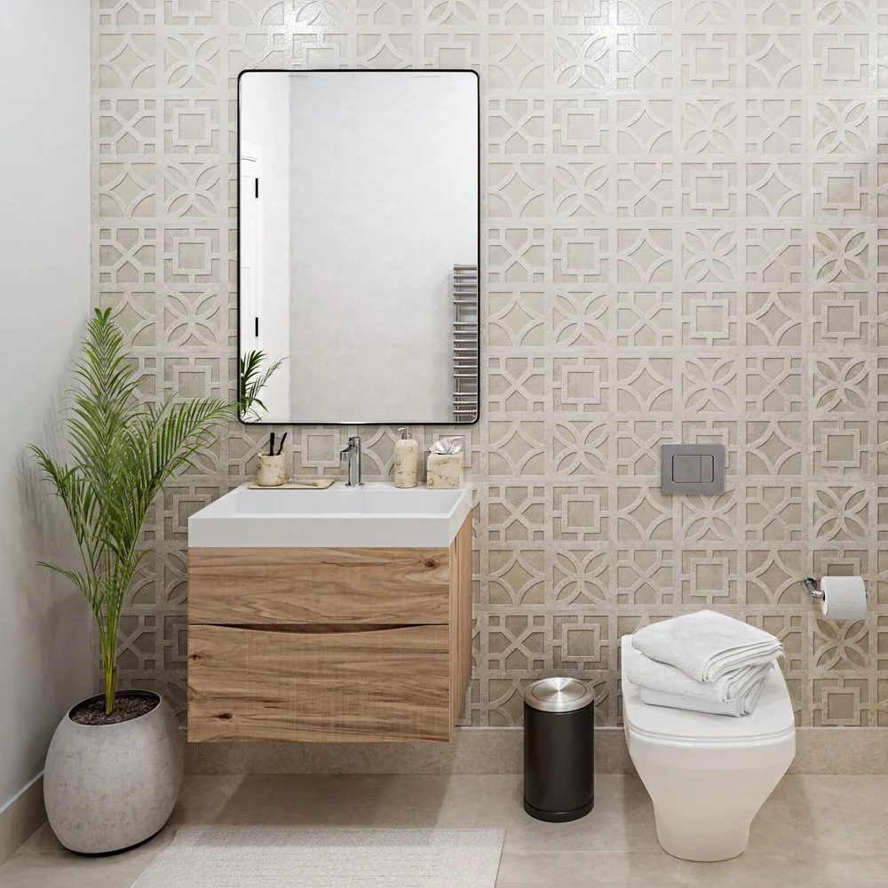 Bathroom design development and implementation for residential development featuring bespoke vanity and patterned tile wall.