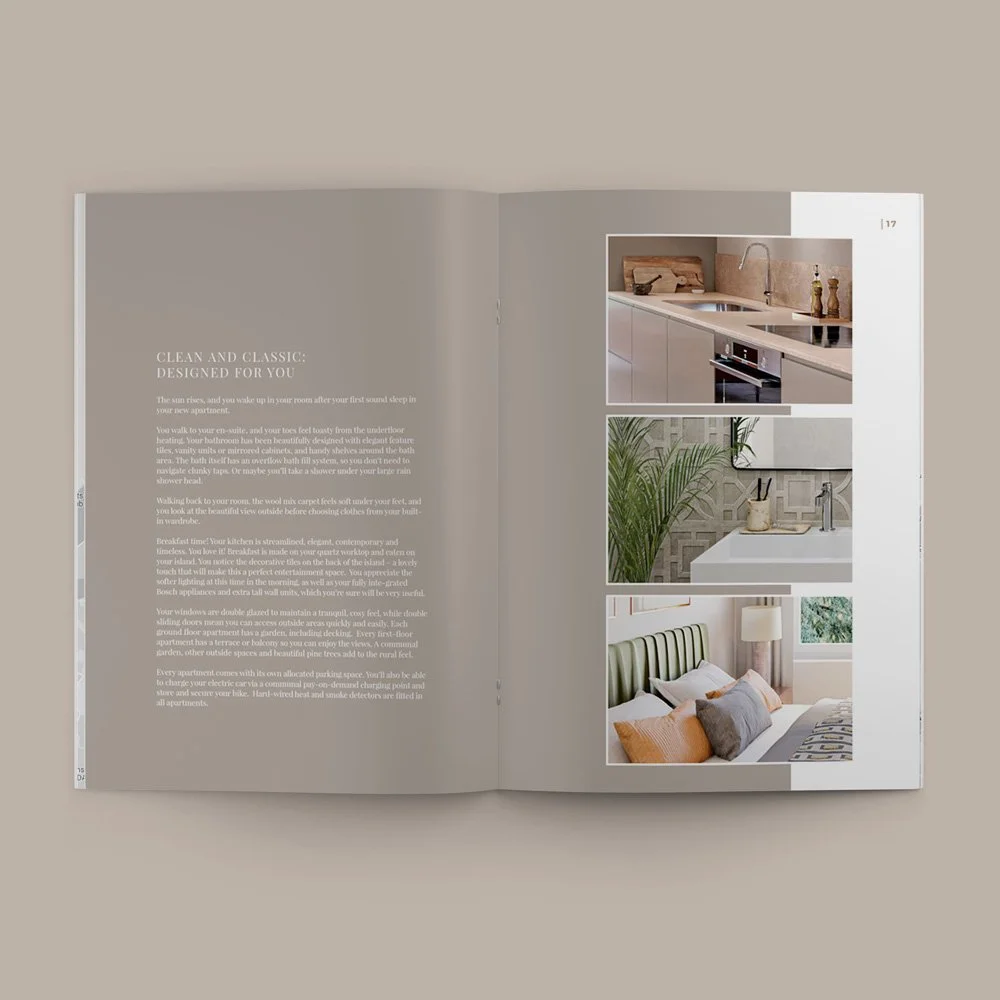 Residential development branding and marketing brochure showcasing cohesive design and property visuals.
