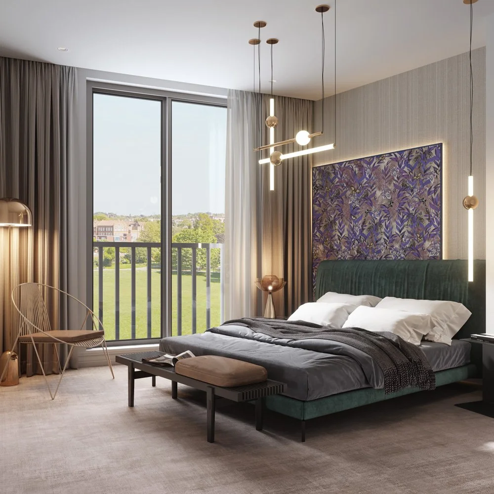Contemporary show home bedroom design with feature headboard wall, layered lighting and balcony view for residential development.