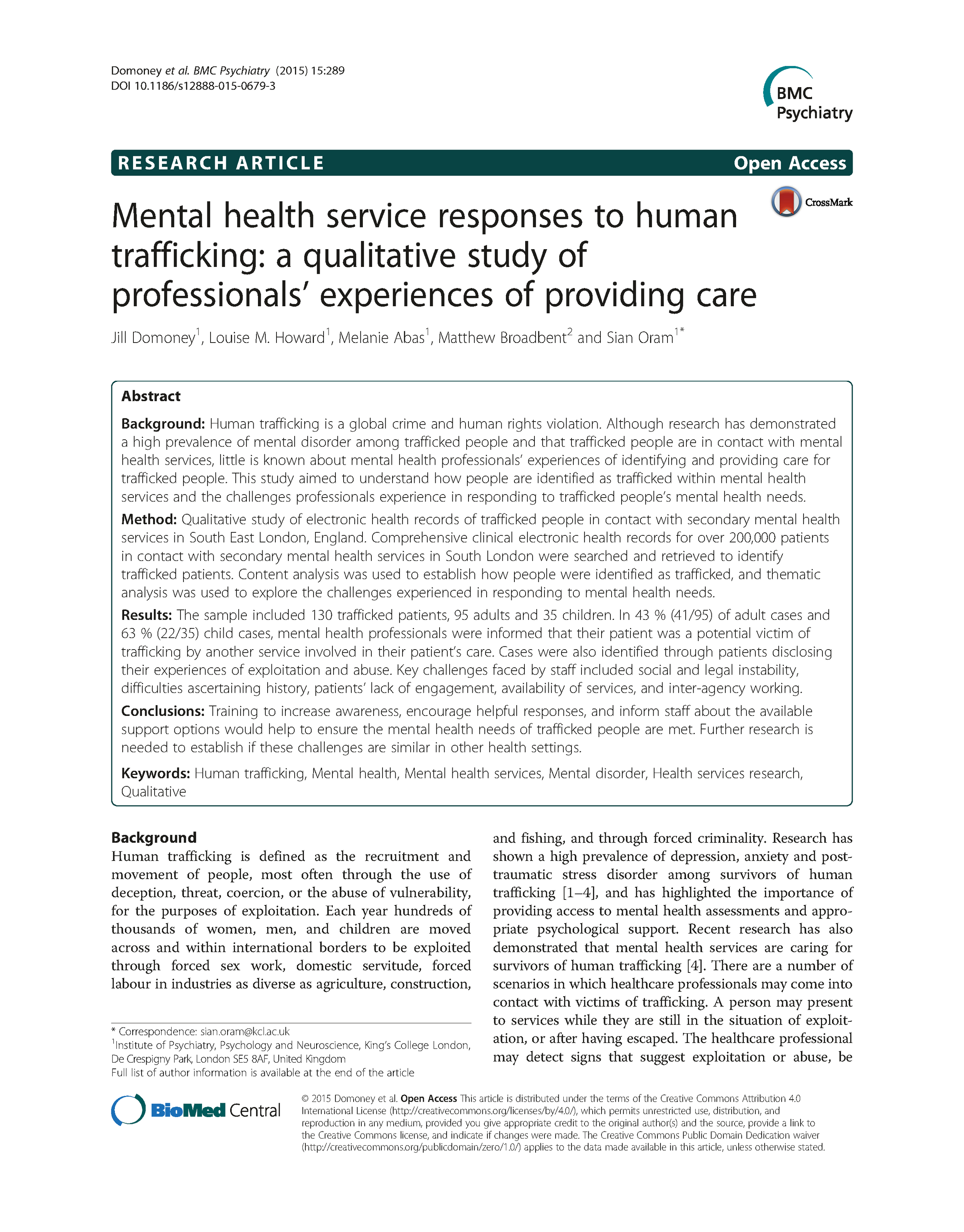 Mental Health Service Responses to Human Trafficking: a Qualitative Study of Professionals’ Experiences of Providing Care