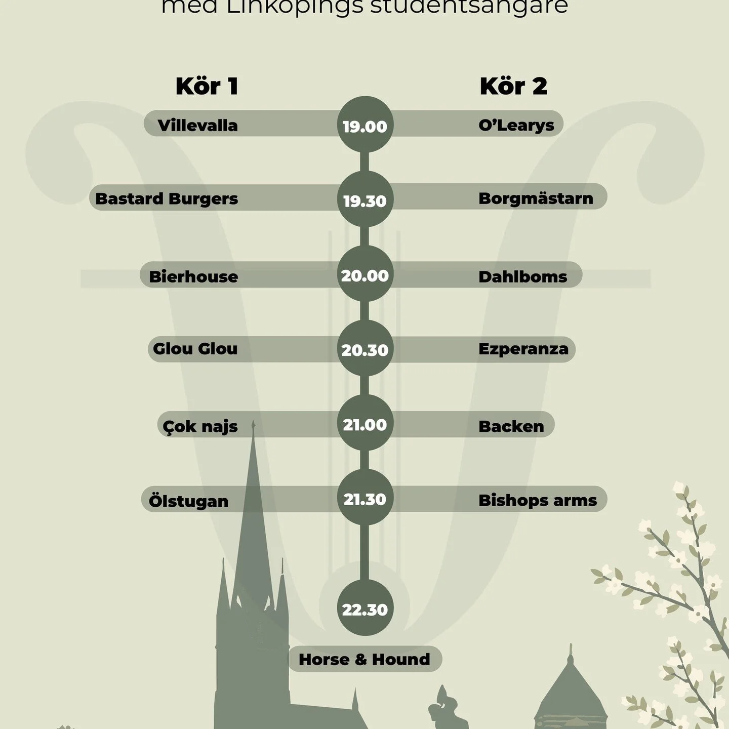 Snart &auml;r det dags f&ouml;r pubrunda! 
H&auml;r &auml;r ett schema p&aring; n&auml;r och var vi kommer sjunga. S&aring; du kan v&auml;lja om du vill du avnjuta fins&aring;ng tidigt under kv&auml;llen eller m&ouml;ta oss p&aring; sista stoppet, n&