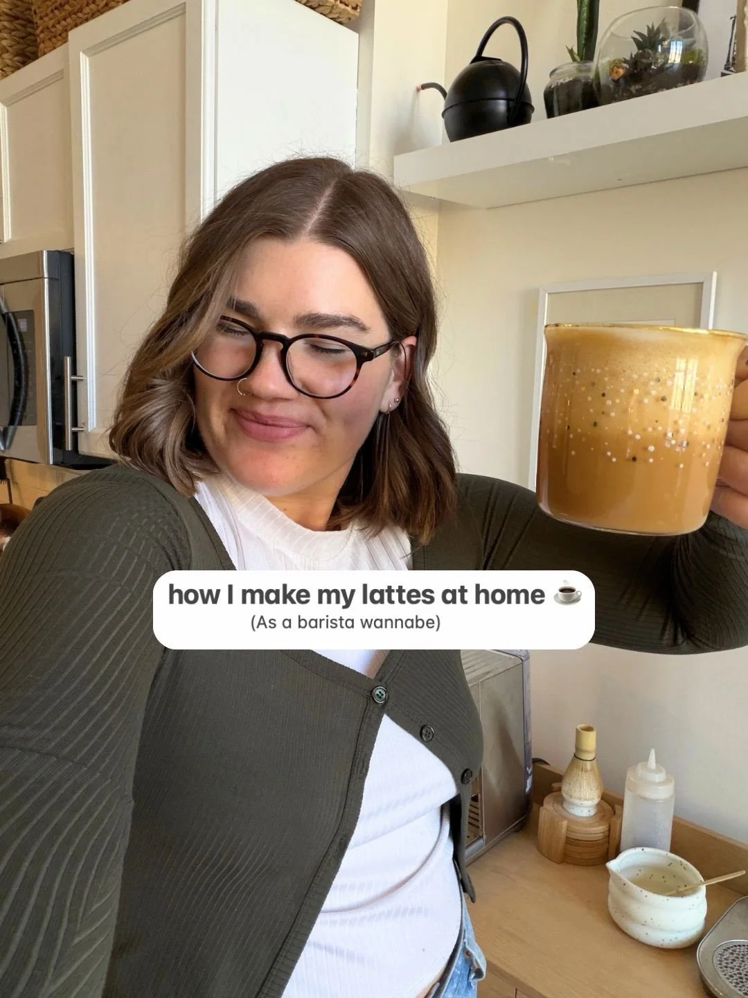 just me cosplaying barista in my kitchen 🤭 actual baristas if you have any tips please share them in the comments! I know I need to work on steaming my milk to get the right texture (I usually have too much foam!)