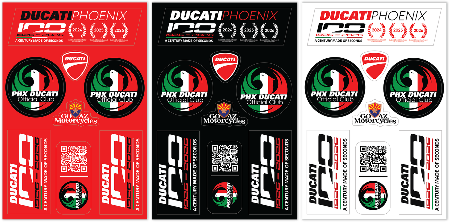 The three PHX Ducati sticker sheet colorways