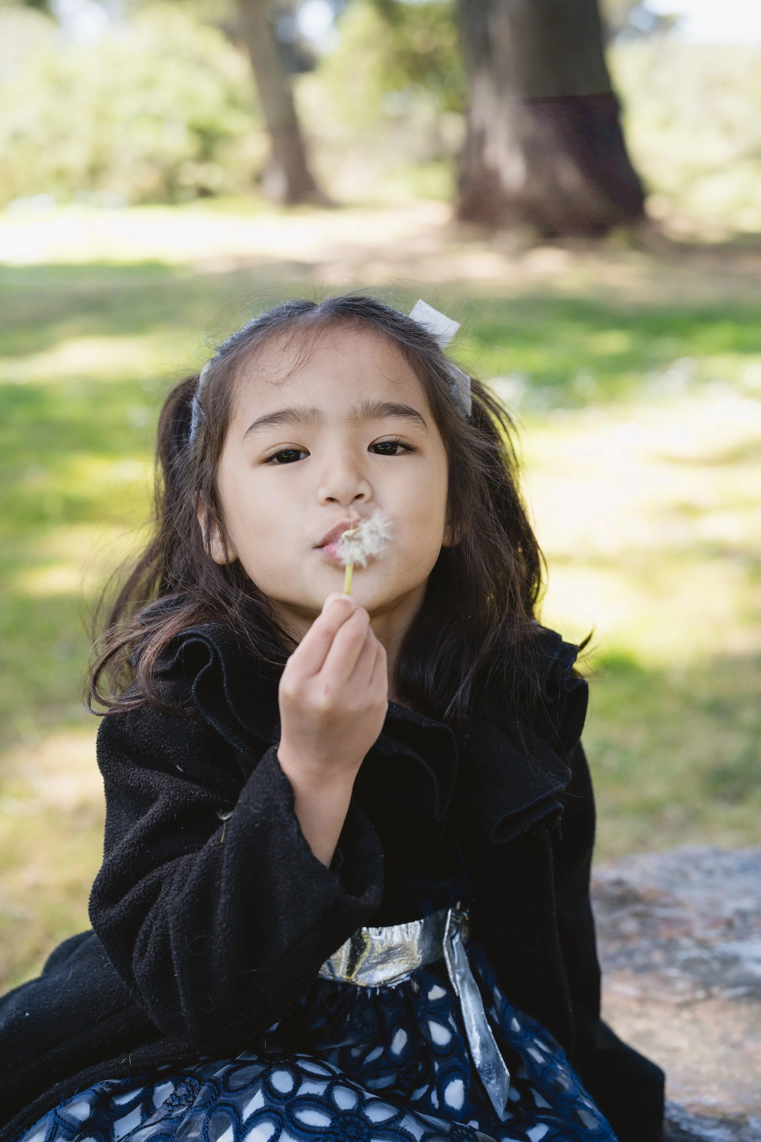 A young girl with dark hair in pigtails, wearing a black coat and a blue patterned dress, is outdoors in a park holding a dandelion close to her face, blowing on it.
