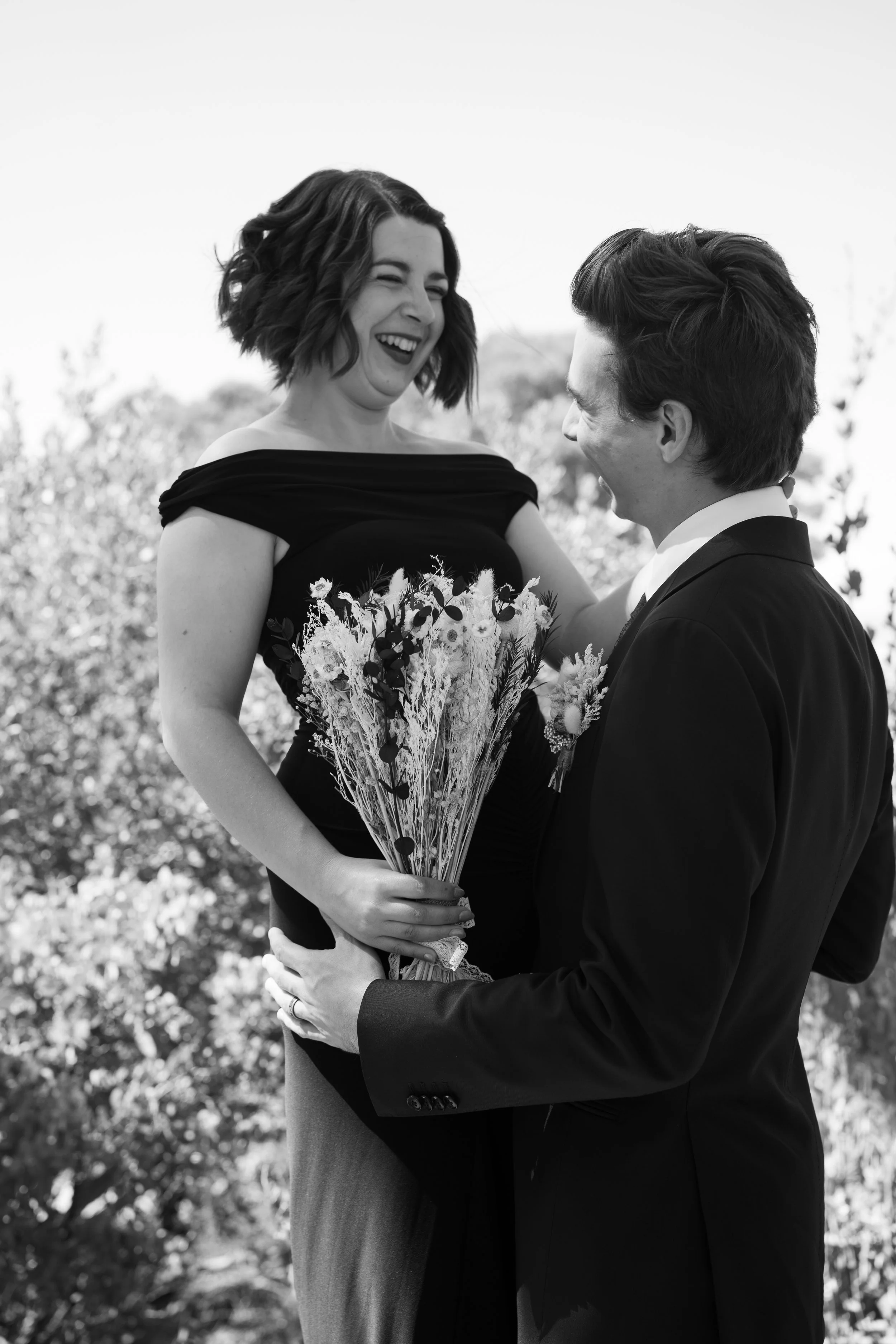 Black and white portrait of bride and groom on Potrero Hill