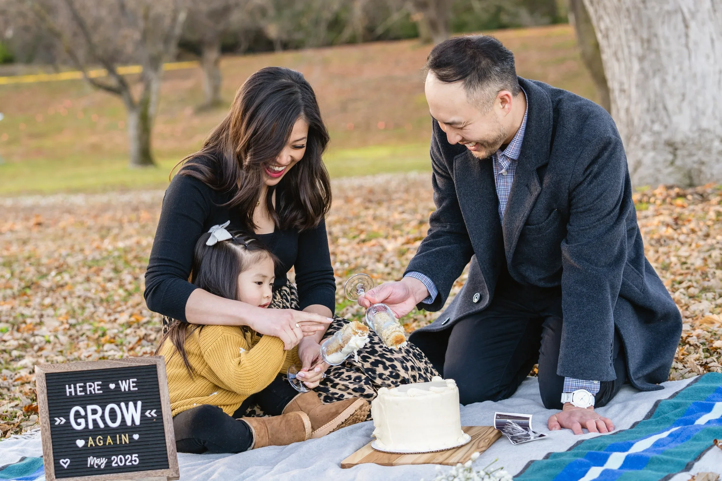 A mother and daughter reach for the cake as dad hands over a glass with a sample, a "Here We Grow Again" sign and ultrasound photo nearby on the blanket.