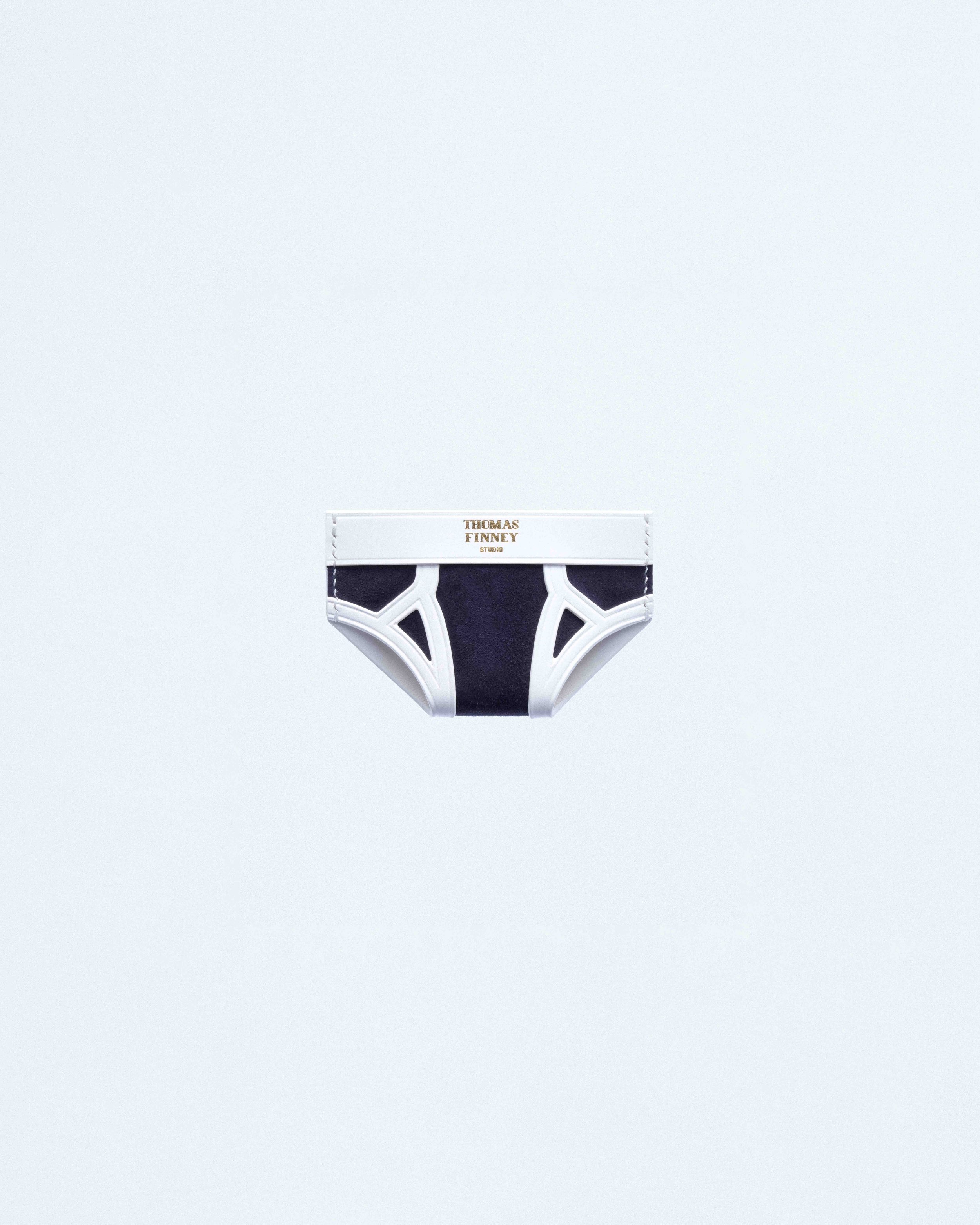 Brief Card Case in Navy Suede with White Trim