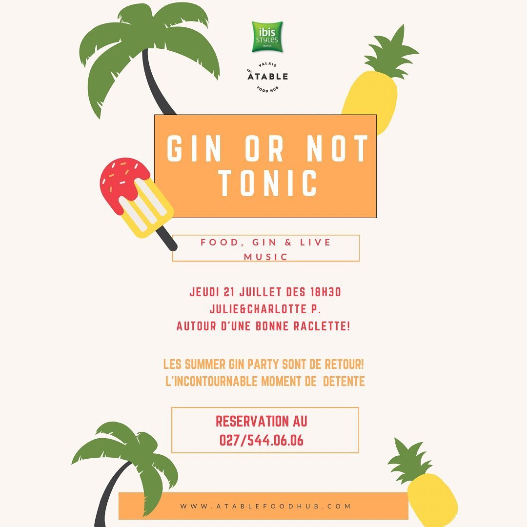 🍹GIN OR NOT TONIC 🍹
On se retrouve ce jeudi 21 juillet 2022 d&egrave;s 18h30 ! 
Avec nos invit&eacute;es sp&eacute;ciales @julie_charlotte_ 🎤 
On vous attend nombreux pour festoyer autour d&rsquo;une raclette, un bon GIN, en musique, bonne ambianc