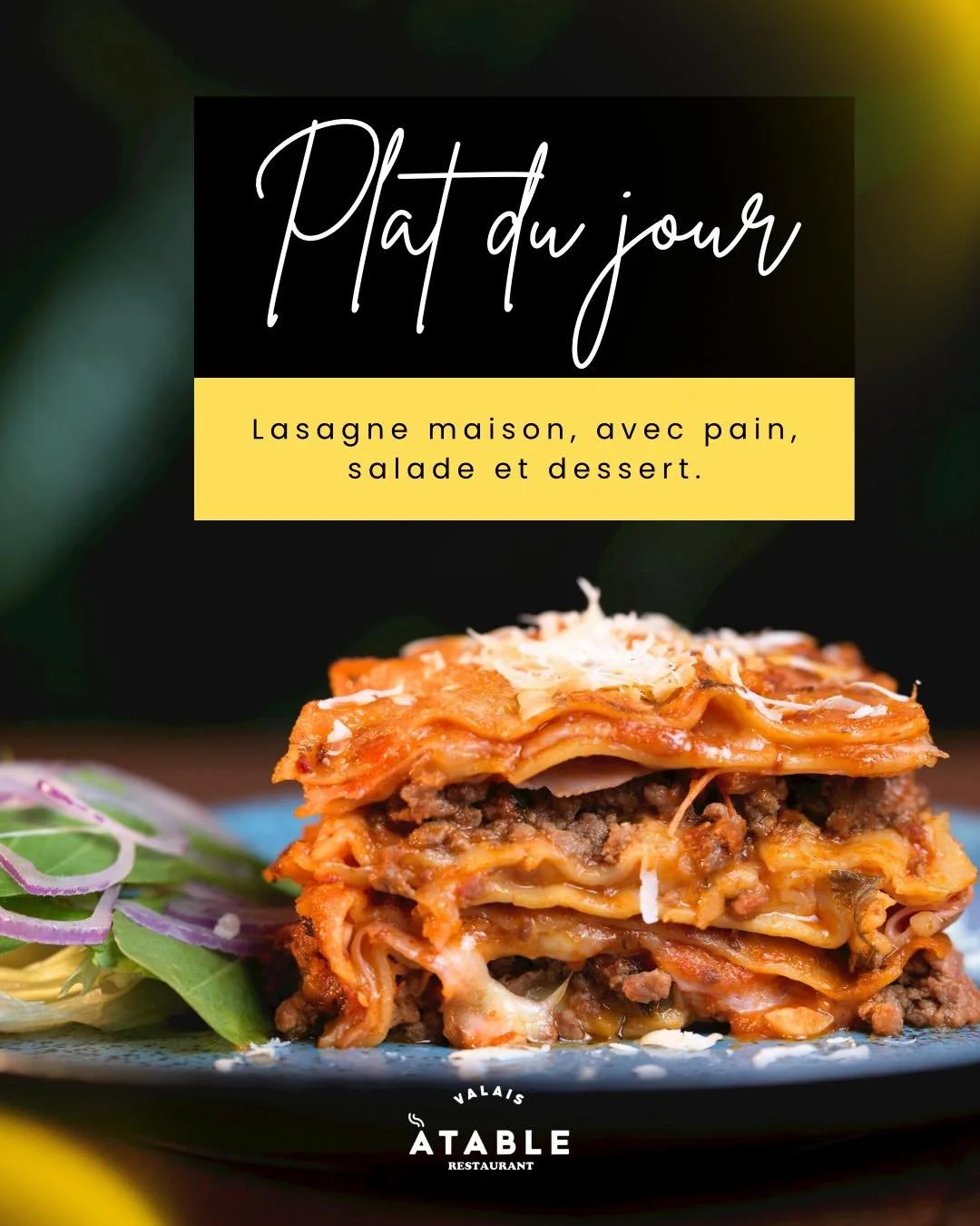 Lasagne maison pour r&eacute;chauffer ta journ&eacute;e !
Des couches de saveurs, une texture parfaite et ce go&ucirc;t fait maison qui change tout.
Viens savourer cette assiette compl&egrave;te lasagne + pain + salade + dessert pr&eacute;par&eacute;