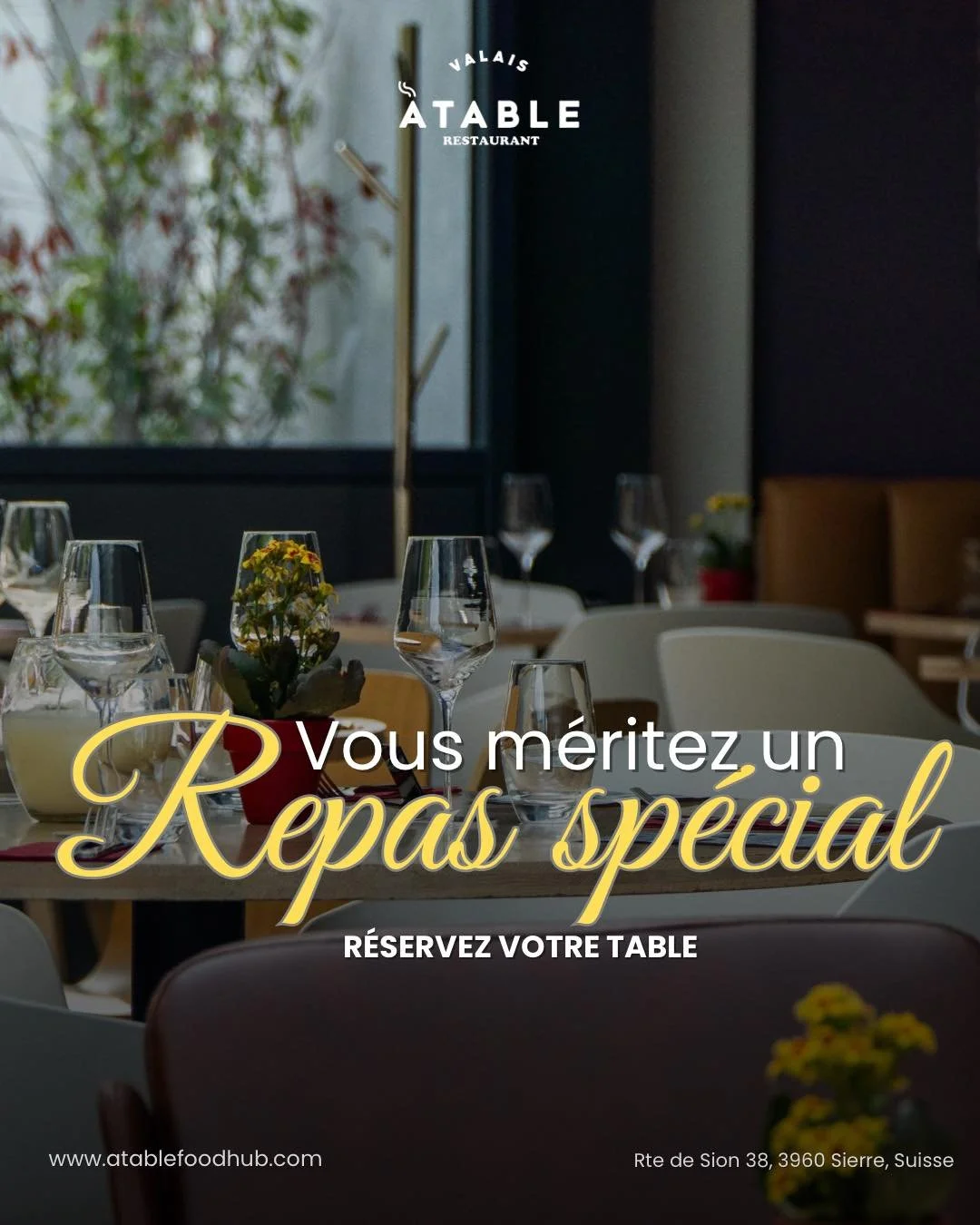 Et si votre prochaine d&eacute;couverte se trouvait juste ici, au c&oelig;ur de Sierre ?
Un lieu o&ugrave; l&rsquo;on partage, on savoure et on se sent bien
Venez vivre l&rsquo;exp&eacute;rience Atable - Food &bull; Vibes &bull; Partage.
R&eacute;ser