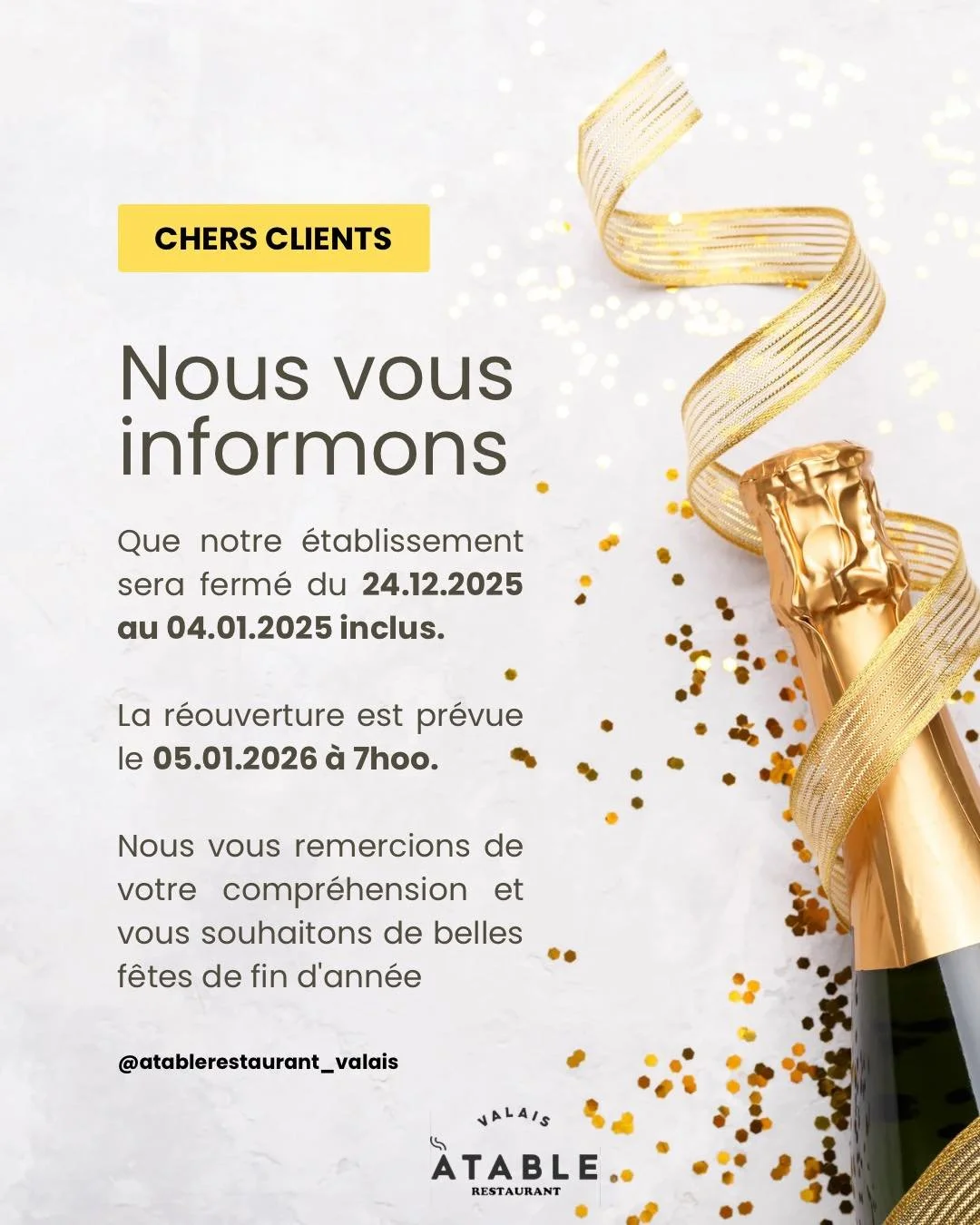 Belles f&ecirc;tes de fin d&rsquo;ann&eacute;e 

&Agrave; toute notre ch&egrave;re communaut&eacute;, clients et amis : nous vous souhaitons une fin d&rsquo;ann&eacute;e remplie de joie, de s&eacute;r&eacute;nit&eacute; et de beaux moments partag&eac