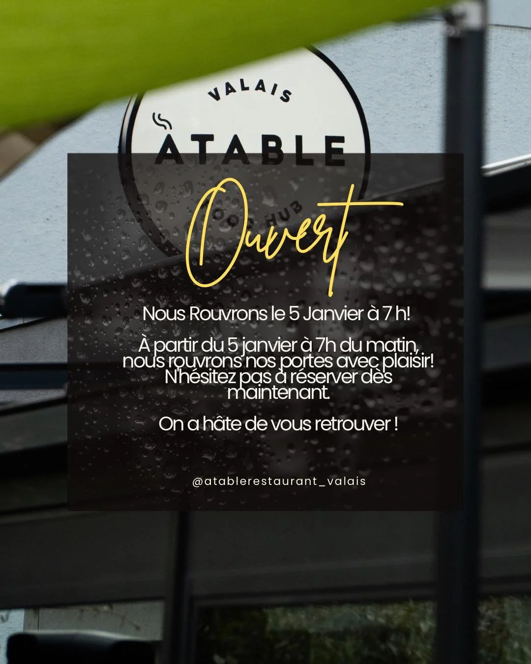 Nous sommes ouverts ! 

Un lieu chaleureux au c&oelig;ur de Sierre, o&ugrave; la cuisine rassemble, les saveurs racontent une histoire et chaque table invite au partage. 

Que vous soyez d&rsquo;ici ou de passage, bienvenue chez nous.

📍 Rte de Sion