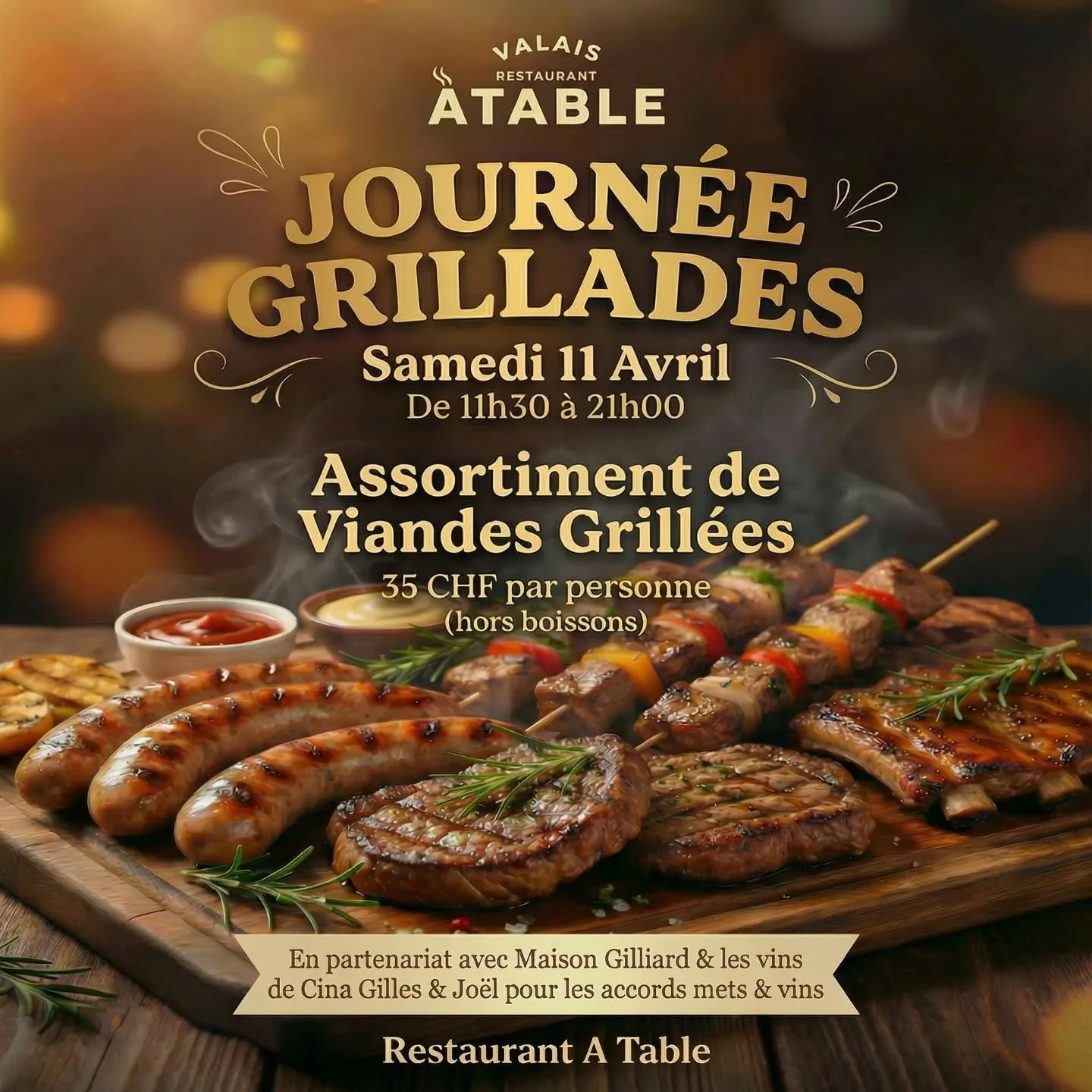 JOURN&Eacute;E GRILLADES AU RESTAURANT &Agrave; TABLE ! 

Rejoignez-nous le samedi 11 avril pour une journ&eacute;e gourmande sous le signe de la convivialit&eacute; ! 🍖✨

Au programme : un assortiment de viandes grill&eacute;es d'exception pour seu