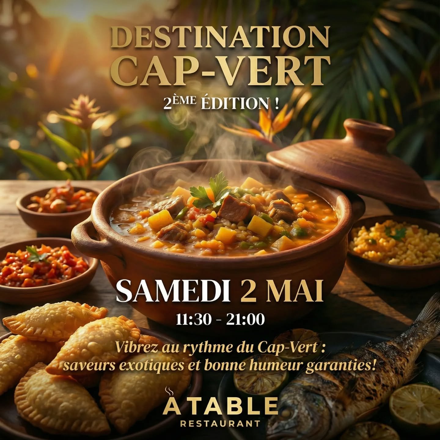 DESTINATION CAP-VERT : 2&egrave;me &Eacute;DITION ! 🇨🇻

Pr&ecirc;ts pour un voyage culinaire inoubliable ? 

Le Samedi 2 Mai, votre restaurant &Agrave; Table vous transporte directement sous le soleil du Cap-Vert ! ☀️

Venez vibrer au rythme des sa