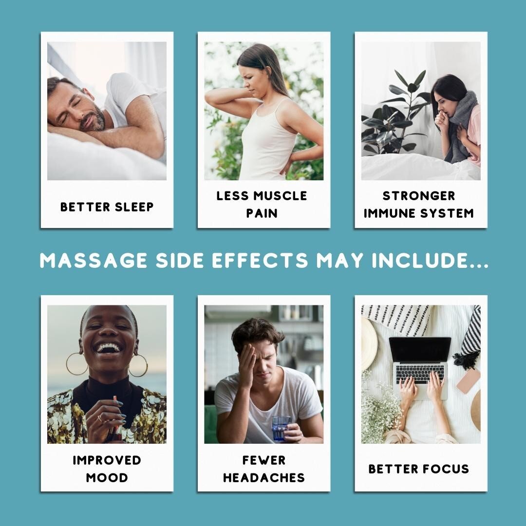 📣Warning 📣 Massage side effects may include...⁣
⁣
👉Better sleep⁣
👉Less muscle pain⁣
👉Stronger immune system⁣
👉Improved mood⁣
👉Fewer headaches⁣
👉Better focus⁣
⁣
💆&zwj;♂️Massage helps in a lot of different ways! Book an appointment today to se